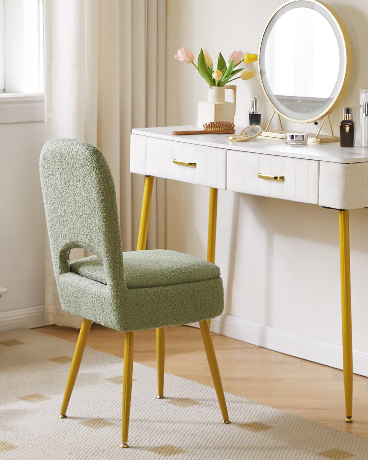 IBUYKE Stuoia da toeletta con schienale pieghevole, Ottomano quadrato in velluto Teddy, Sedia da trucco per soggiorno, 4 gambe metalliche con piedi antiscivolo, Verde WBD027D