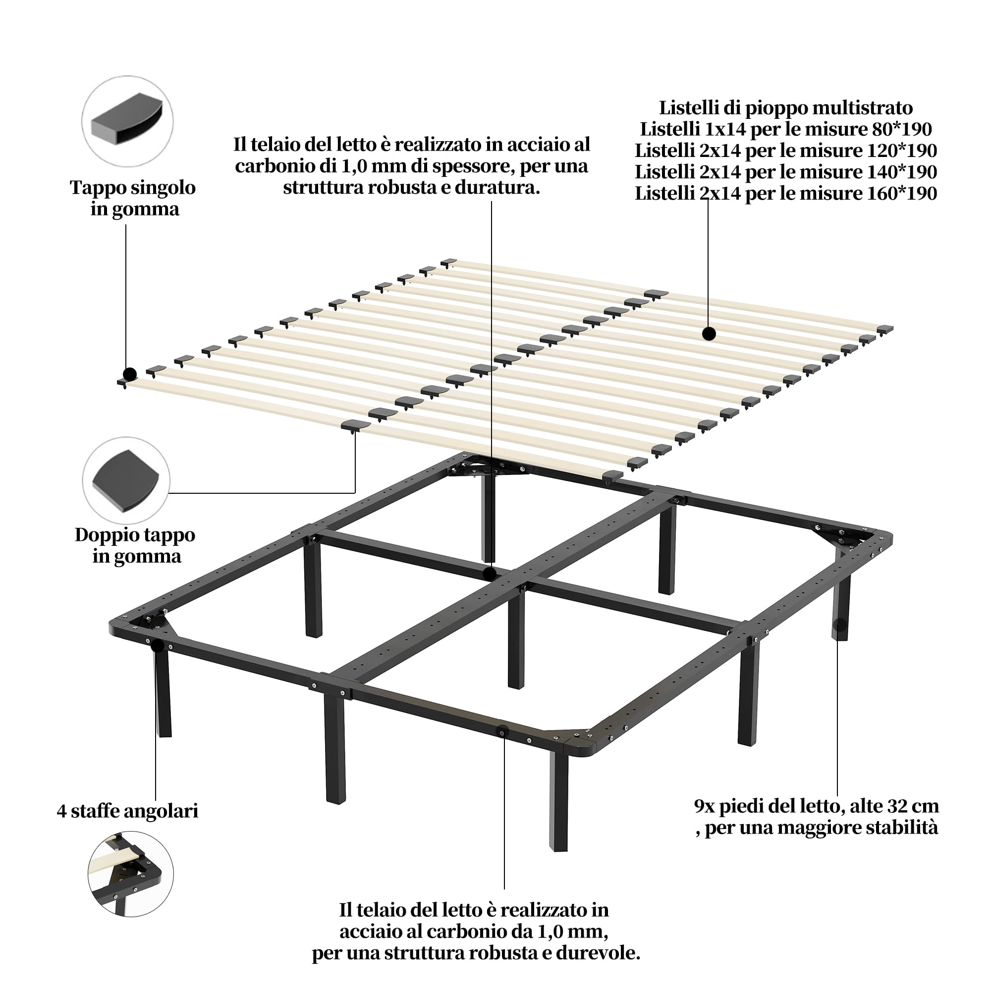 TEENO Rete Letto Matrimoniale 160x190 a Doghe in Legno,con 9 Gambe e 2x14 File di Doghe,Alto Sotto Letto 32 cm per Ampio Spazio di Archiviazione,Adatta a Tutti i Tipi di Materassi,Stile Moderno