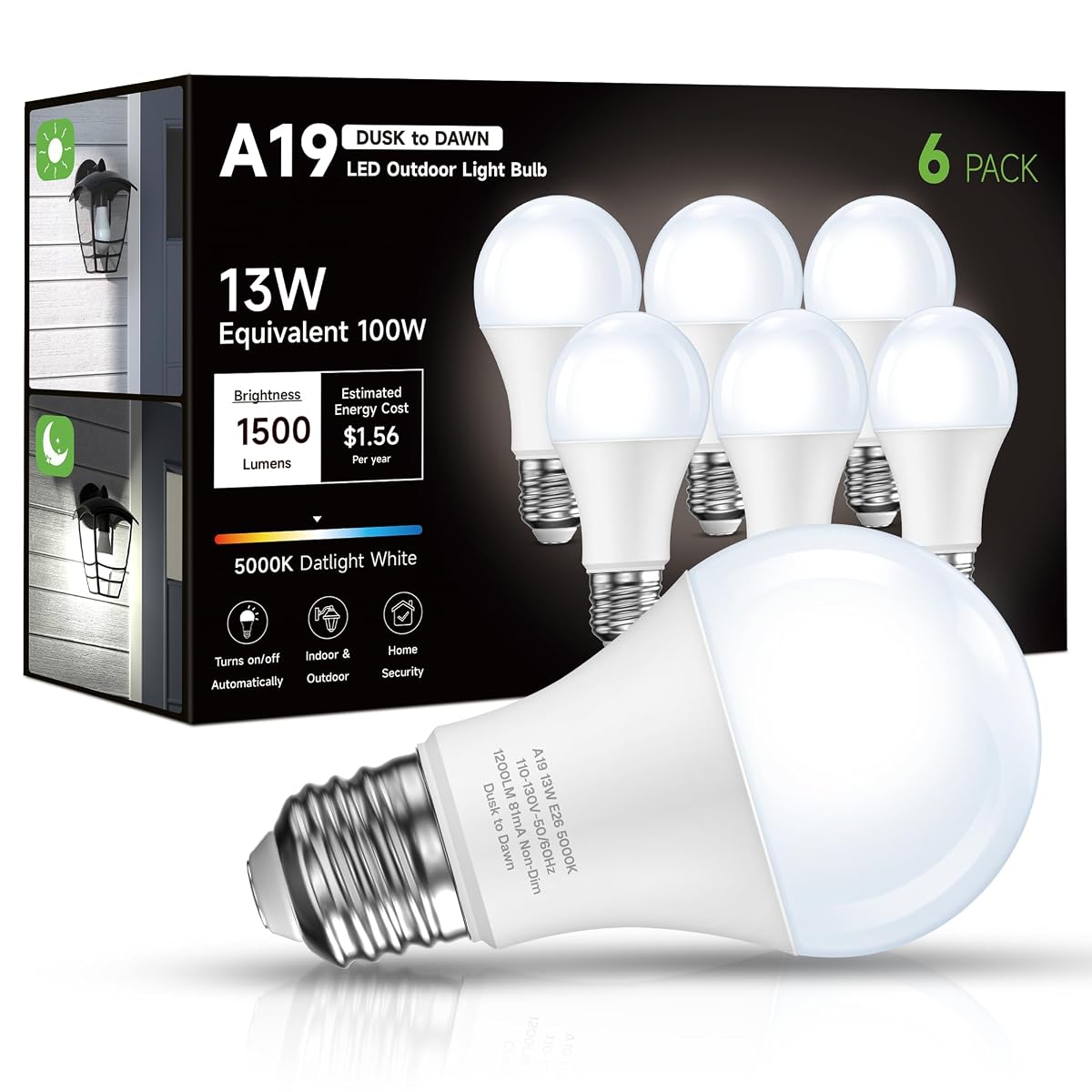 Eastiya Dusk to Dawn Sensor LED Outdoor Light Bulb Daylight White 5000K A19