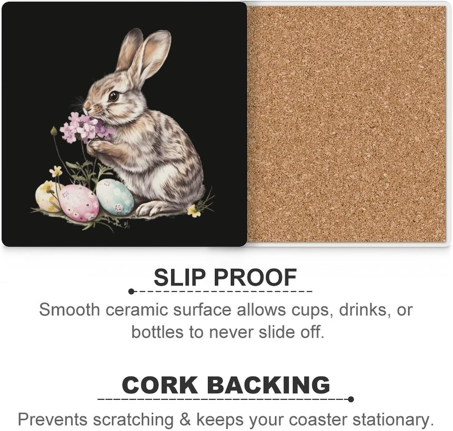Rabbit Flowers Easter Eggs Funny Ceramic Coasters for Drinks Absorbent Cup Holder Tabletop Protector with Cork Base