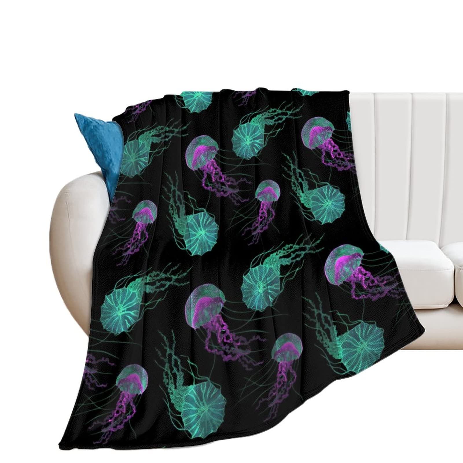 Jellyfish Glow in Dark Blanket Soft Lightweight Flannel Fleece Throw Blanket for Bed Sofa Couch Travel Beach 50"x60"