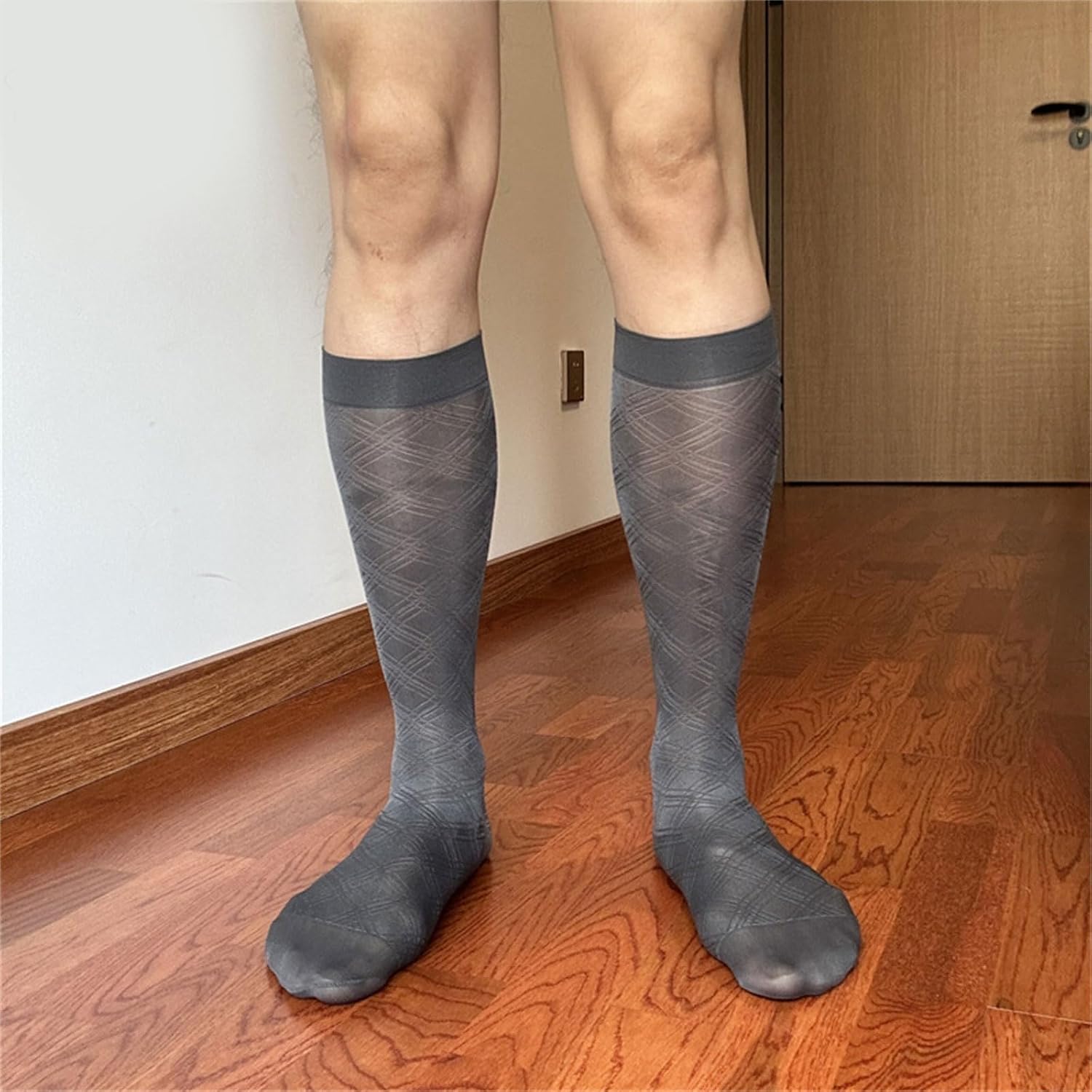 Thin Sheer Nylon Dress Socks Elegant Argyle Pattern Middle Calf Socks for Business Suit and Formal Party Breathable
