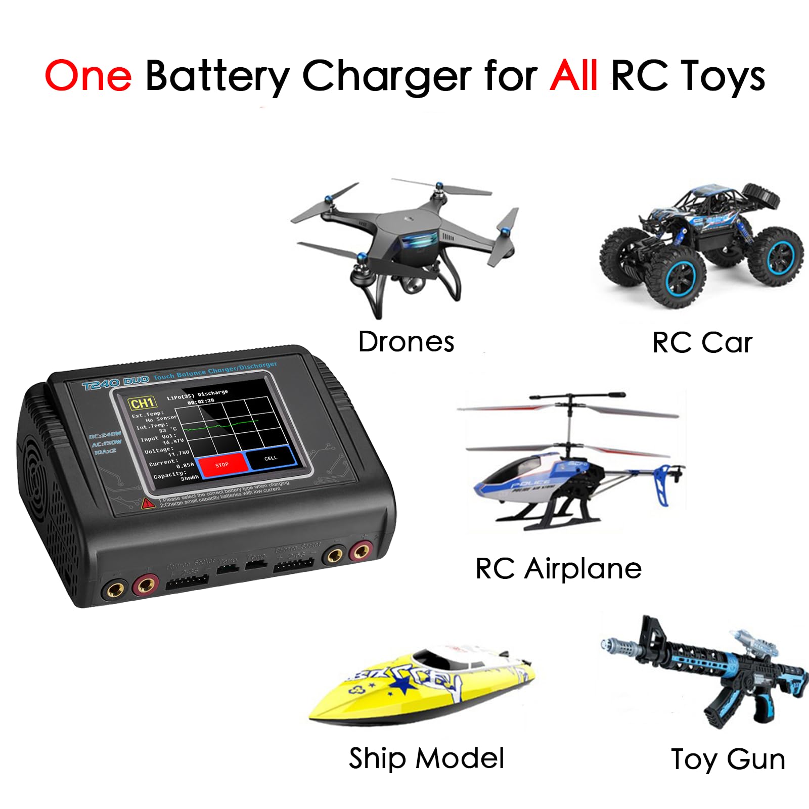 Cargador de batería T240 para LiPo/LiHV/LiFe/NiMH/NiCd, pantalla táctil grande de 3.2 pulgadas y doble puerto disponible, entrada CA/CC y corriente ajustable de 0.1-10 A