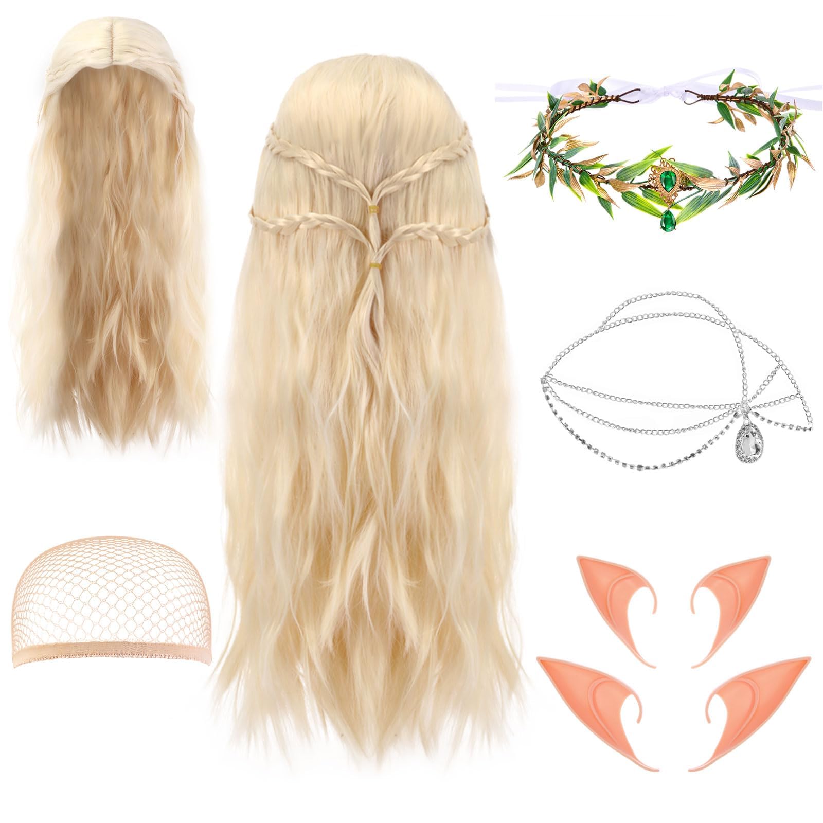 Excefore Fairy Costume Set for Women Elf Ears Fairy Headpiece Fairy Wig Rhinestone Leaf Crown for Renaissance Cosplay