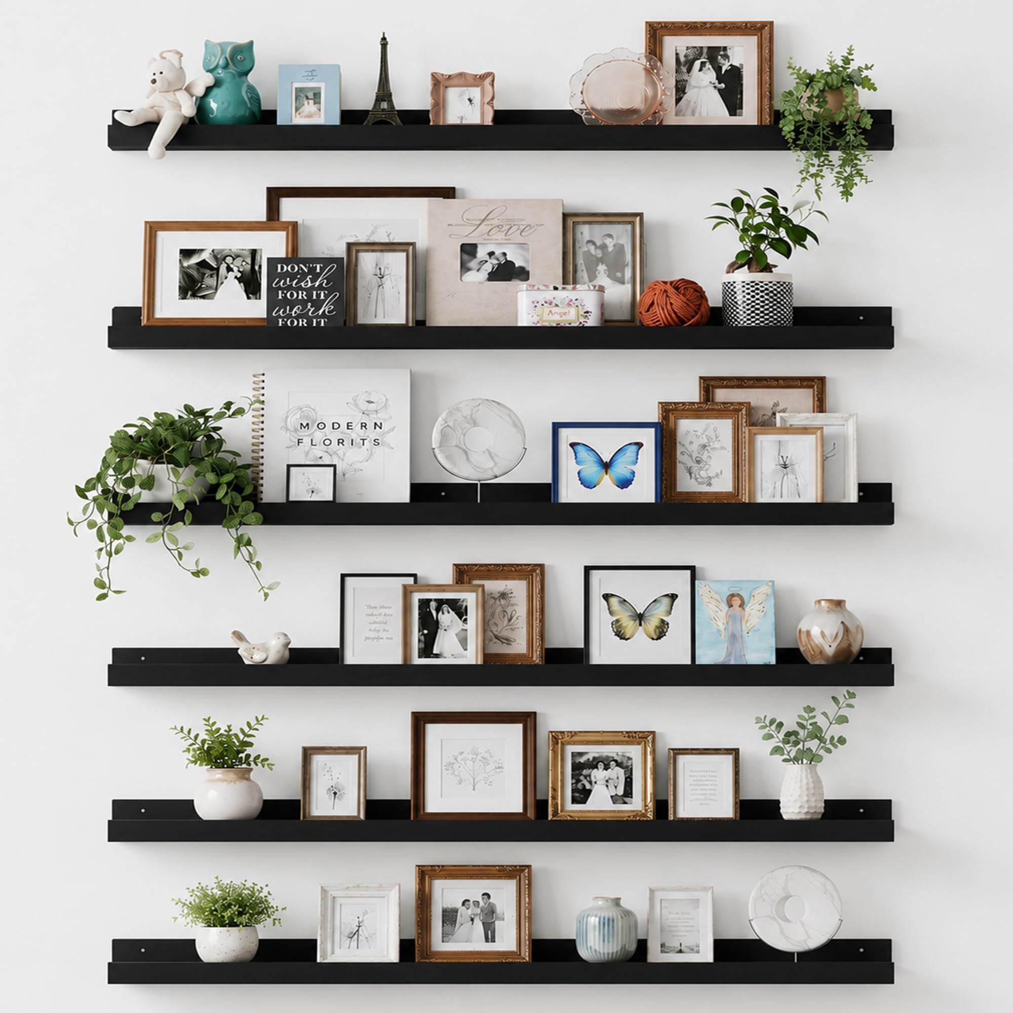 upsimples Floating Shelves for Wall Decor and Storage, Black, 6Pcs 47.3'' | Wall Mounted Wood Shelves for Living Room, Bedroom, Kitchen, Office, Hallways Display and Organize Photos
