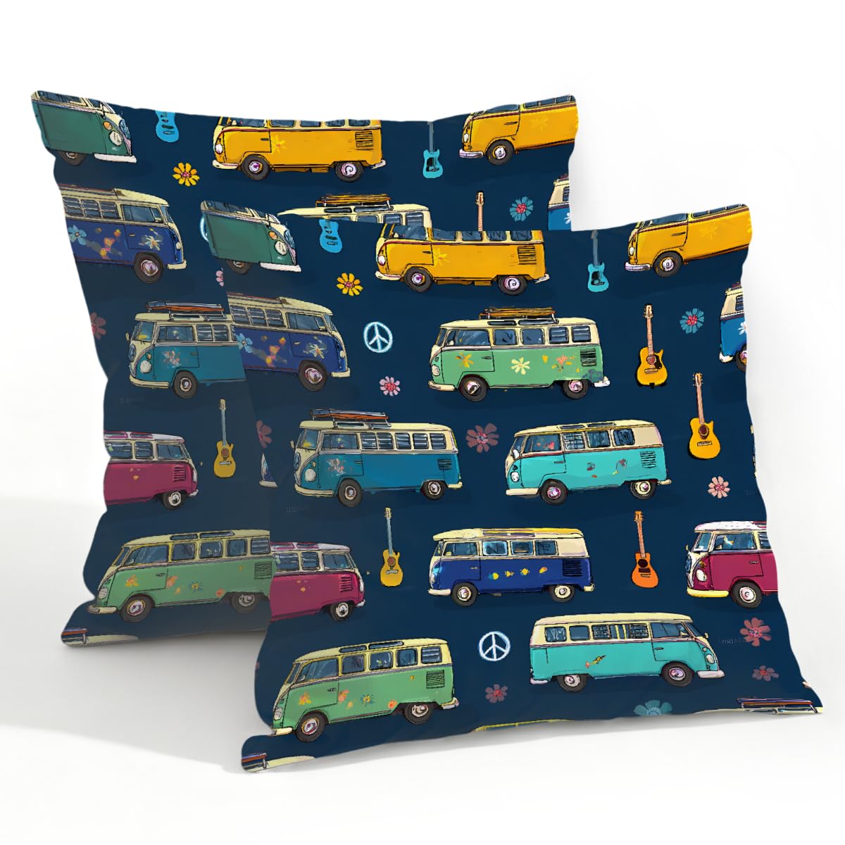 Outdoor Pillow Covers Waterproof Pillowcases 22x22in Set of 2 Cartoon Buses On Dark Blue Decorative Throw Cushion Case for Couch Sofa Garden Patio Furniture