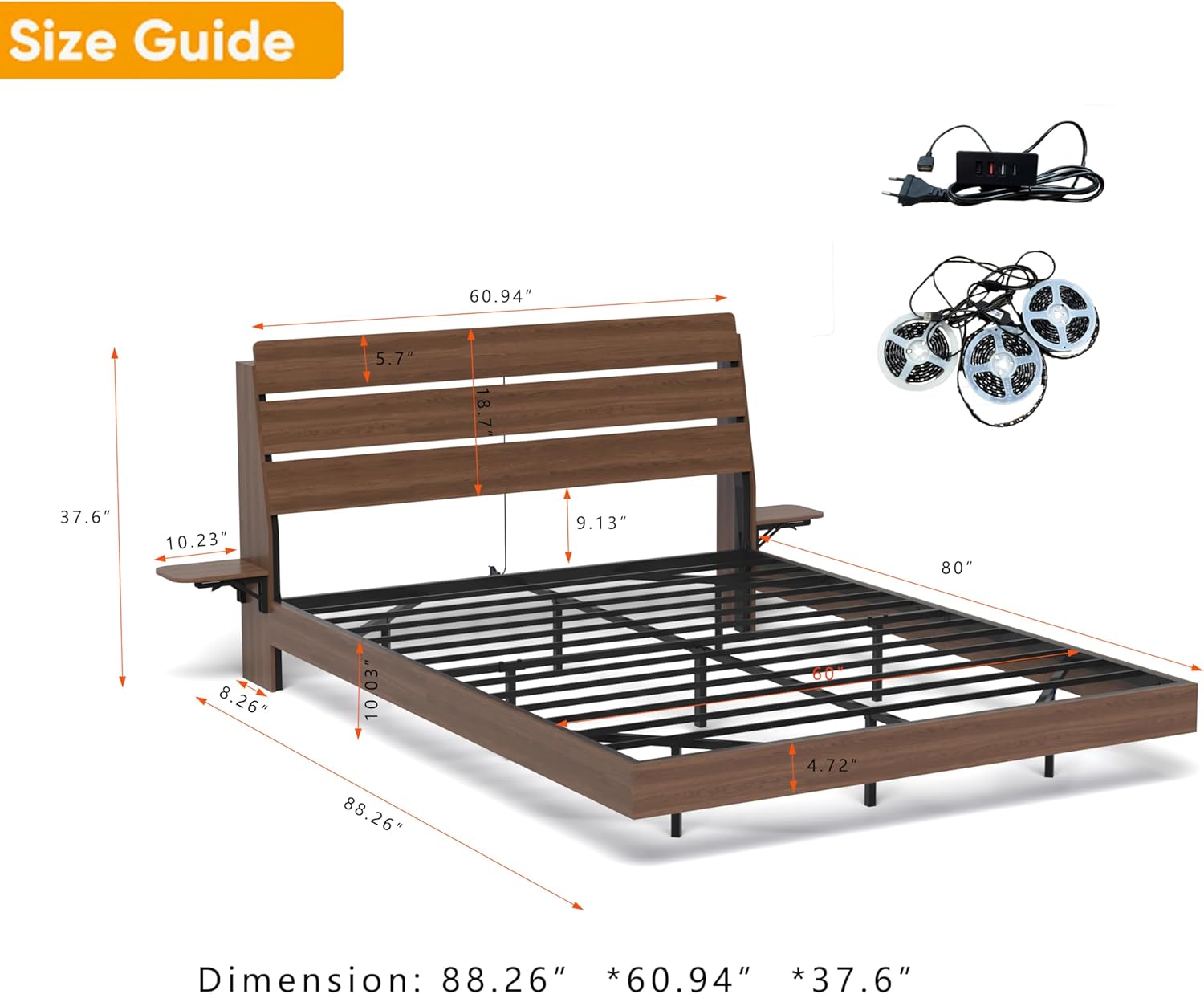 Floating Bed Frame Queen with Storage Headboard, Low Profile Japanese Platform Bed with LED Lights and Charging Station, Bedframe with Foldable Tabletop, No Box Spring Needed (Walnut, Queen)
