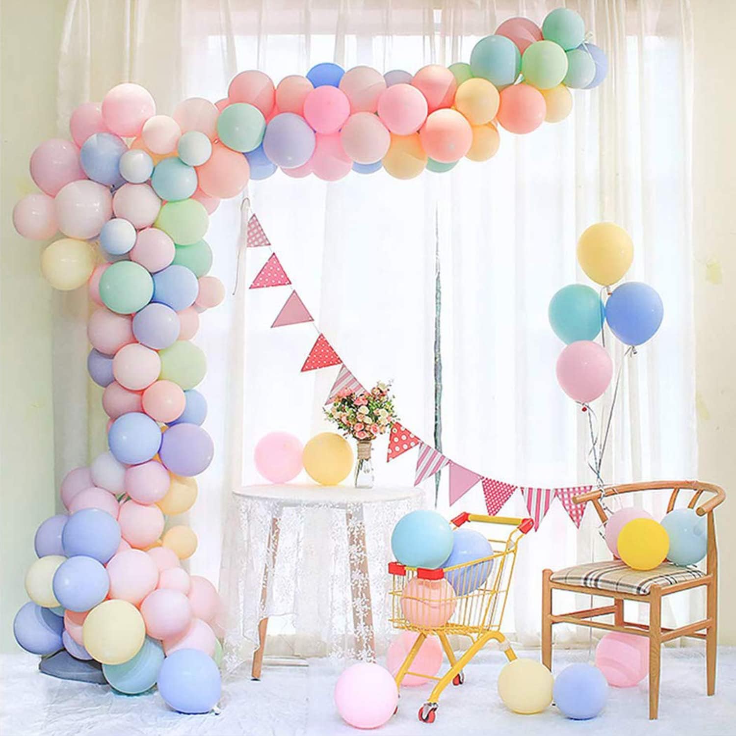 FRETOD Pastel Party Balloons, 100Pcs 10 Inches Pastel Balloons with15M Balloon Chain, 100 Glue DotsMacaron Pastel Color Latex Balloons for Wedding, Birthday, Gratulation Party