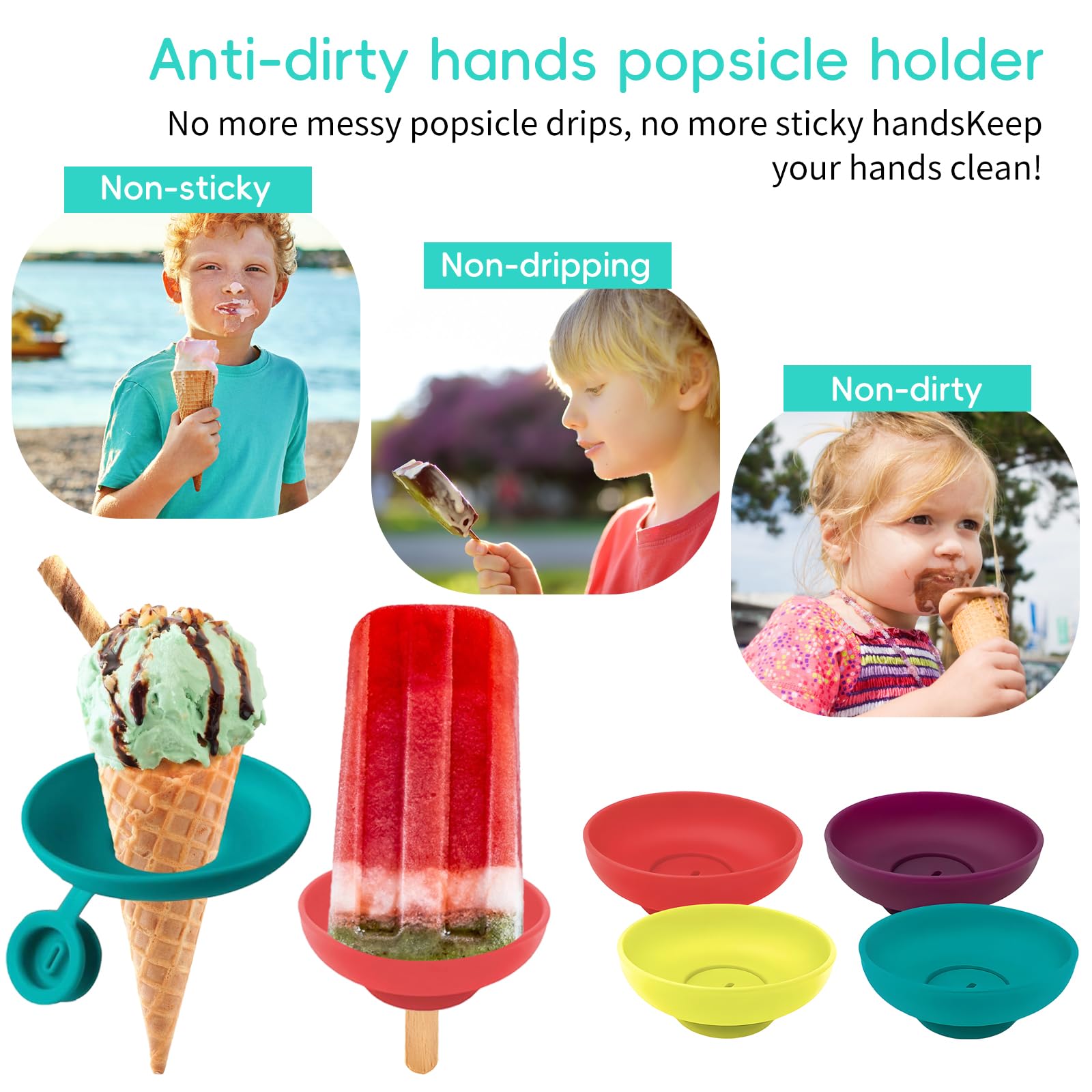 SoeUyd 4 Piezas Porta Paletas Antigoteo para Niños, Porta Paletas Silicona Reutilizable, Soporte para Helados Antigoteo, Portahelados Redondos de Silicona para Niños y Niñas