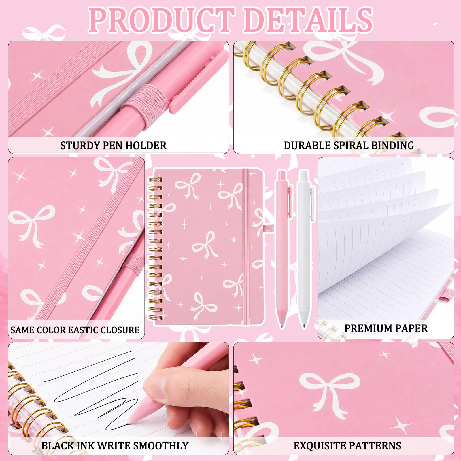 Fulmoon Set di 24 quaderni a spirale A6 con fiocco rosa con penne a sfera, 50 fogli, 10,2 x 15,2 cm, piccolo fiocco, quaderni a righe per il rientro a scuola, ufficio, regali per coquette