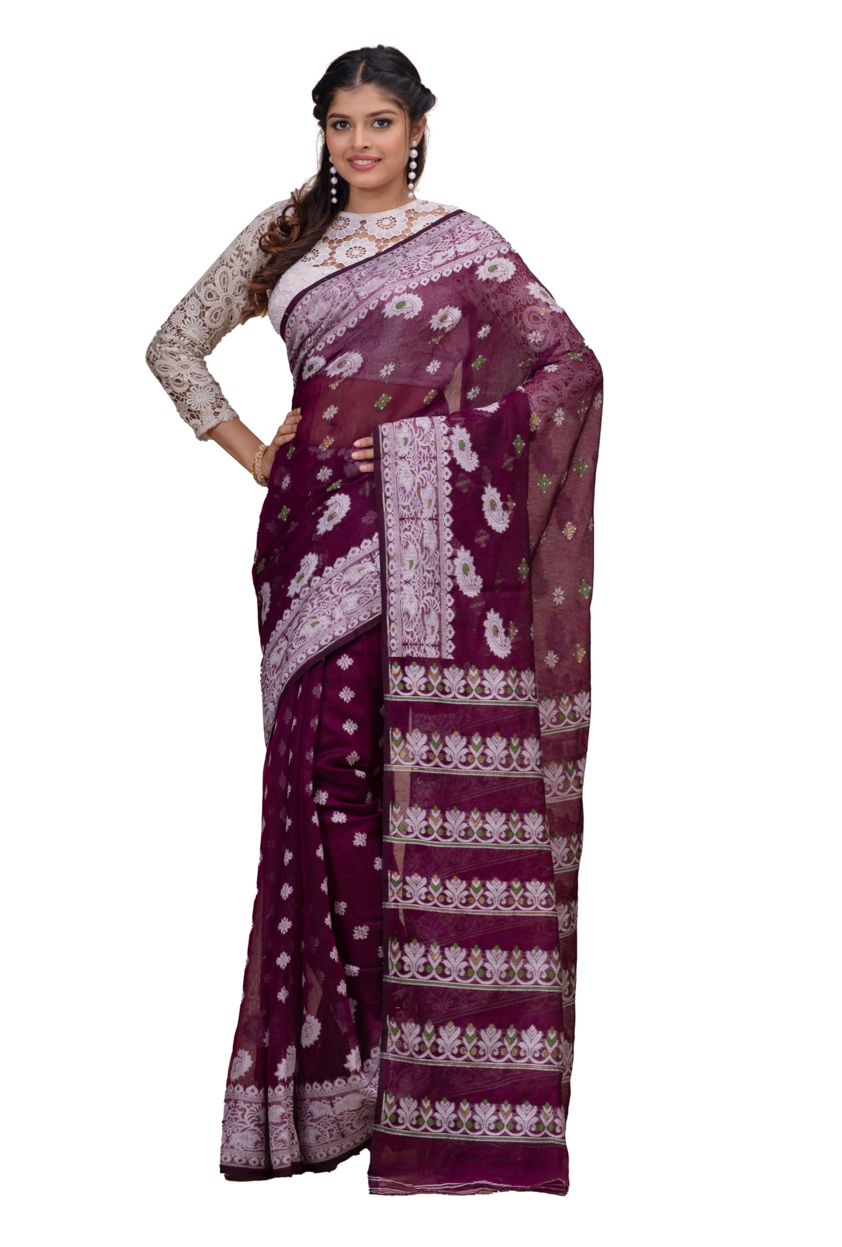 Woven Jamdani Handloom Cotton Blend Saree - Lightweight Heritage Weave with Contemporary Elegance Saree-image-49