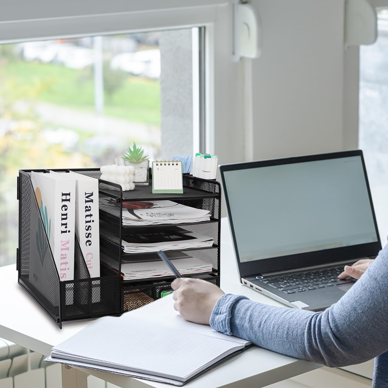 Organizador de Escritorio, 5 Niveles Malla Metálica Organizador Bandejas Papel con Estante para Archivos con Cajones 2 Bolígrafos Revistero, para Almacenamiento De Suministros Oficina