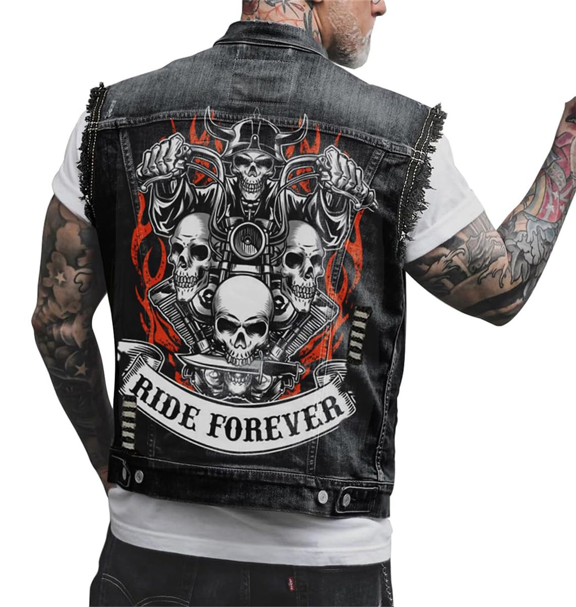 Gilet di Jeans da Uomo Giacca di Jeans Senza Maniche da Motociclista Moda per il Tempo Libero Punk Gotico Giacca con Stampa Teschio Cappotto Capispalla di Moda con Bottoni Giacca all'Aperto