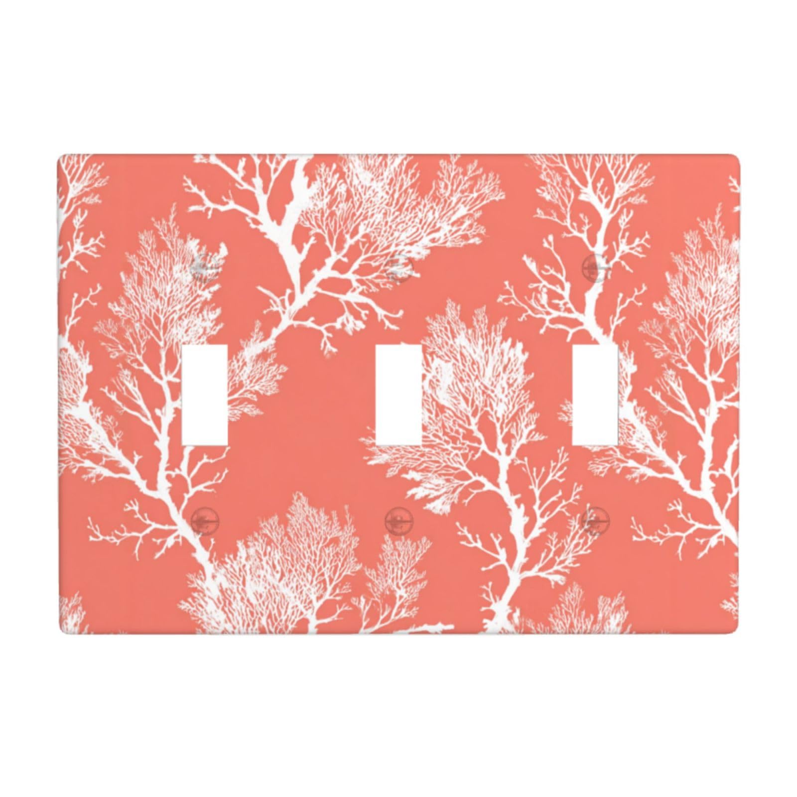 Woshuwo White Peach Coral Pattern With Branches Light Switch Covers 3 Gang Triple Toggle Wall Plate Switchplate Electrical Faceplate For Bathroom Kitchen Bedroom Decor
