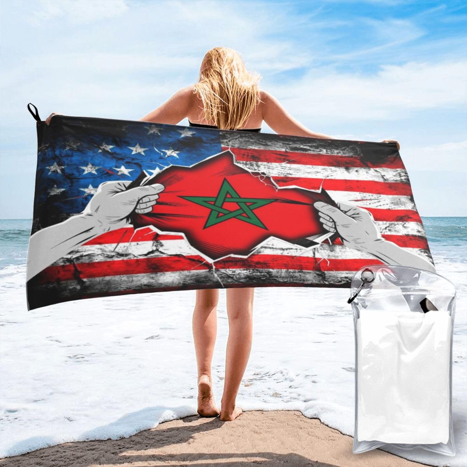 HACXZ American and Morocco Flag Vintage Beach Towel Lightweight Absorbent Beach Towel Microfiber 31.5"X63"