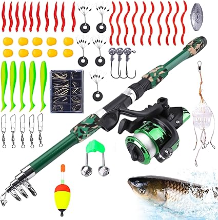 El juego de pesca para niños de 3 a 10 años incluye una caña telescópica de fibra de carbono, carrete de pesca y cebo. Ideal para iniciarse en la pesca de forma segura y divertida.