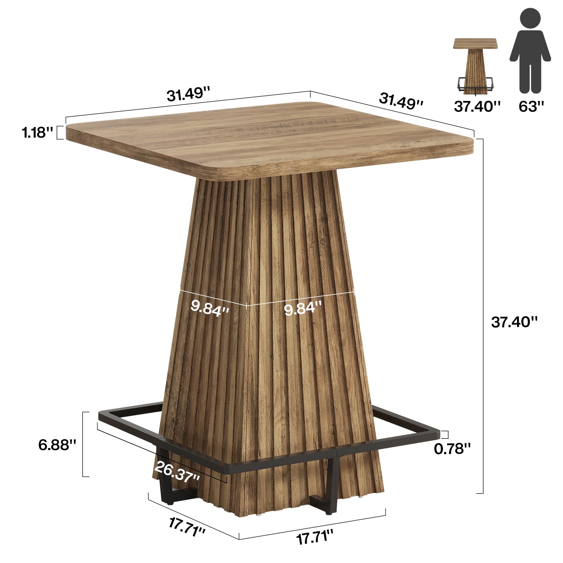 Tribesigns Bartisch, 80 x 80 x 95 cm, Quadratisch Hochtisch mit Metall-Fußstütze, Rustikales Braun Esstisch, Kneipentisch für Zuhause, Küche, Esszimmer, Bistro