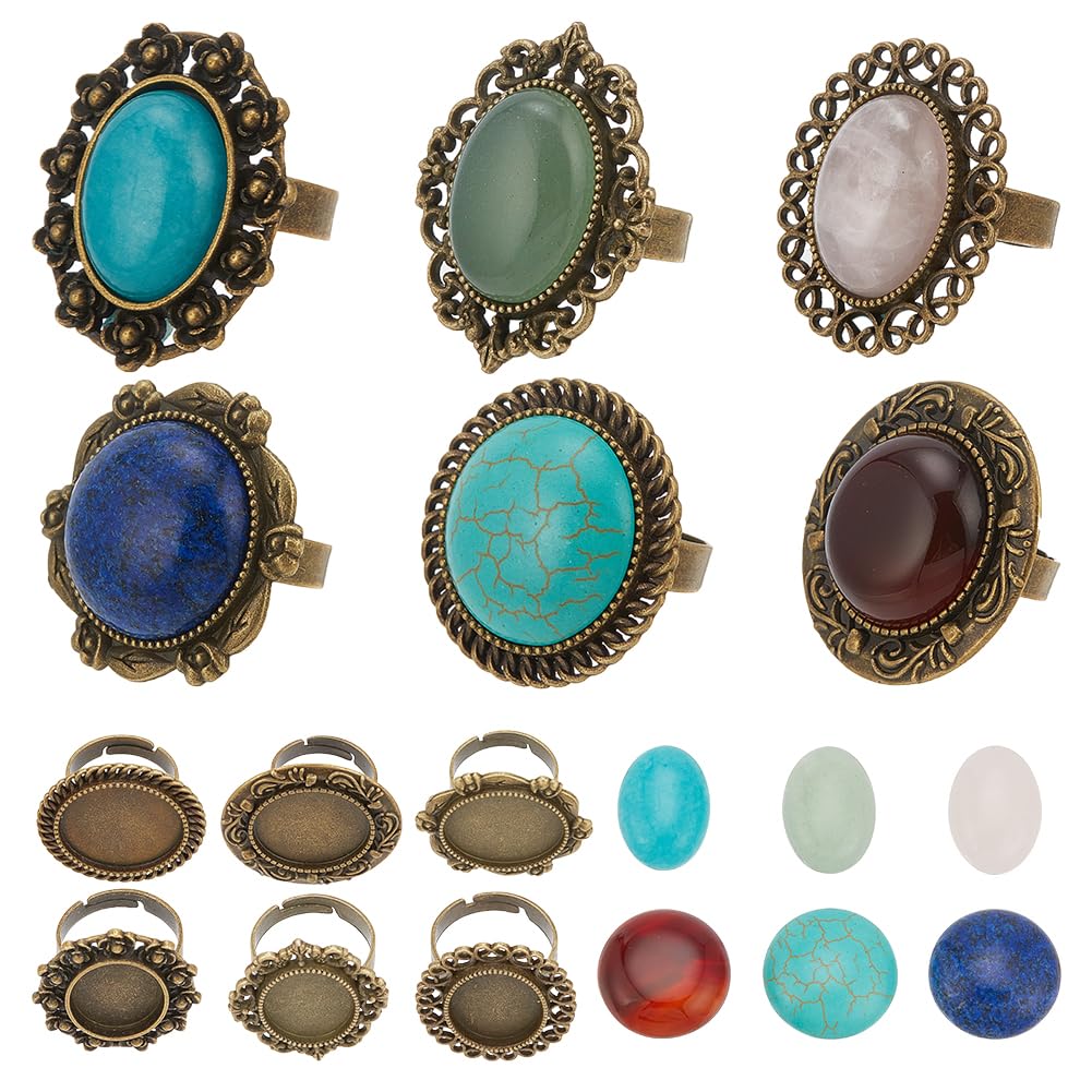 SUNNYCLUE 6Pcs Gemstone Finger Ring Making Kit Cabochon Ring Settings Bezel Blank Rings Healing Energy Turquoise Stone Gemstones Rose Quartz Vintage Style Ring Components for Jewellery Making Kits