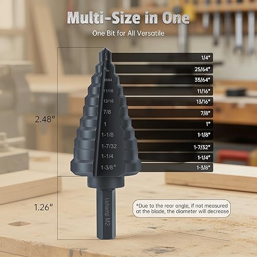 Miniatura 2 de Lichamp Unibit Broca de Paso para Metal, Broca de Paso M2 Genuina para Metal Duro de Alta Resistencia, 11 Tamaños desde 1/4" hasta 1-3/8", Ranuras