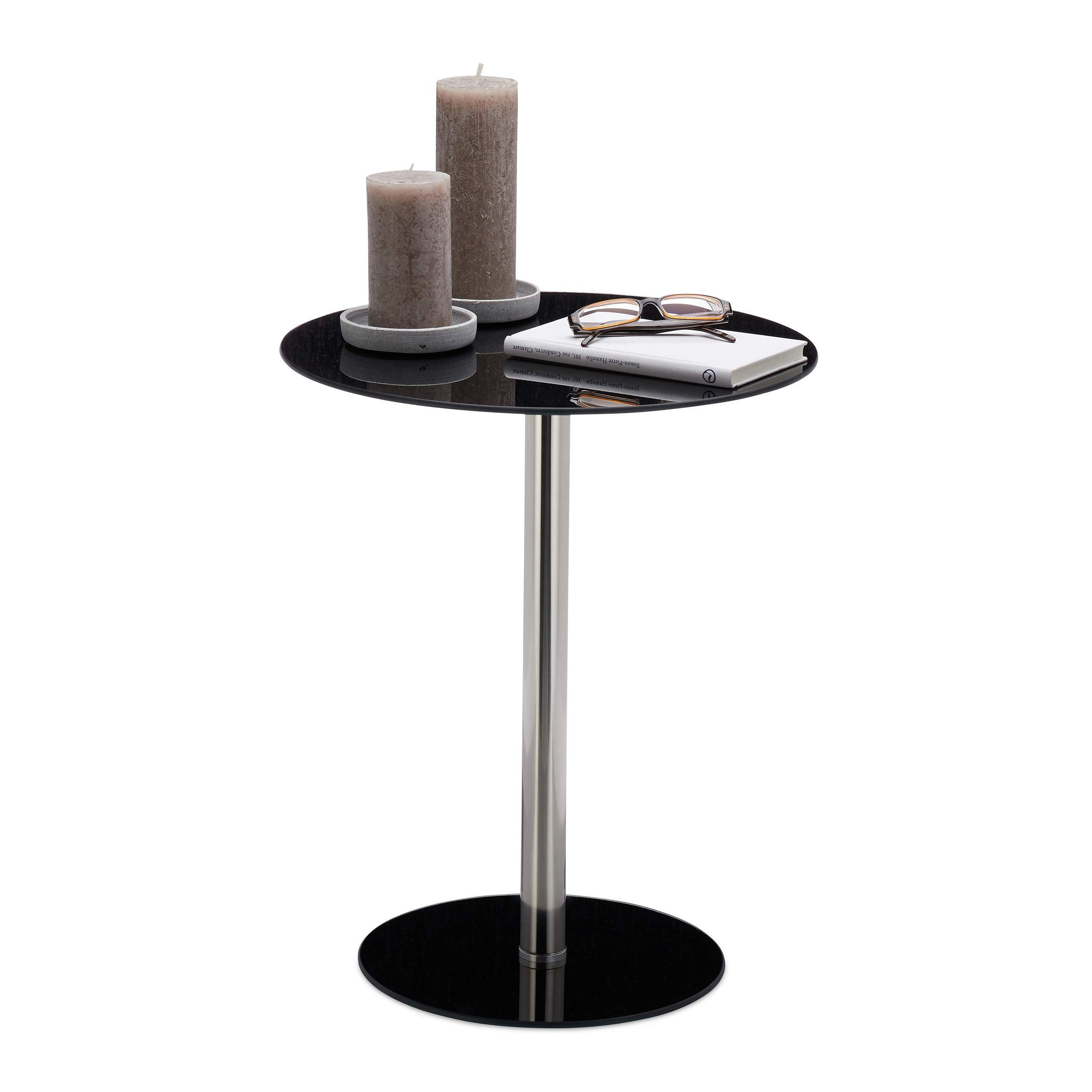 Relaxdays Tavolino Rotondo da Salotto in Vetro e Acciaio Inox, Tavolo da Caffè Salotto, HLP: 53 x 43 x 43 cm, Nero