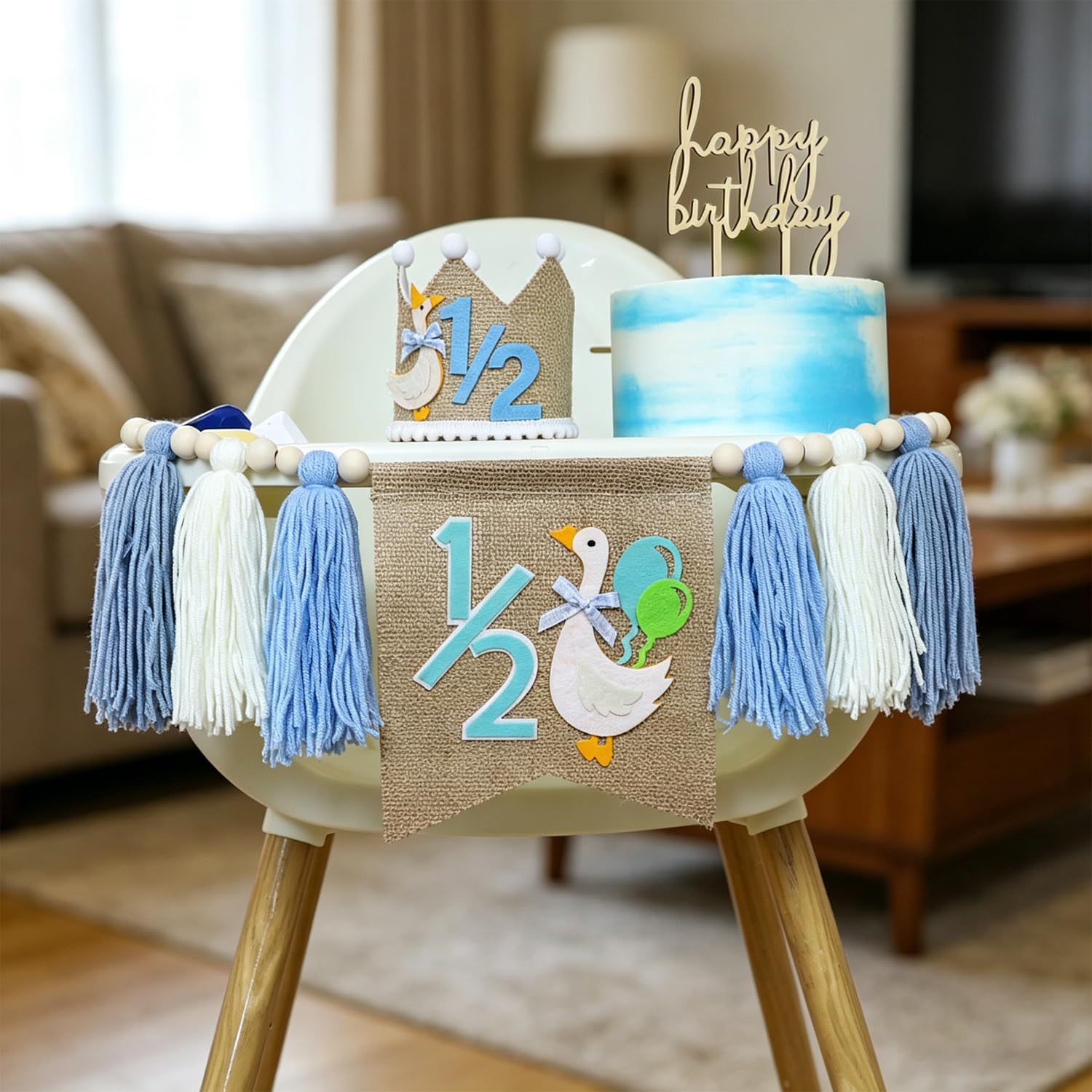HIVTE 6-Month Birthday Decorations Kit with Highchair Banner Party Hat Half Way to One Theme (Blue White Goose)