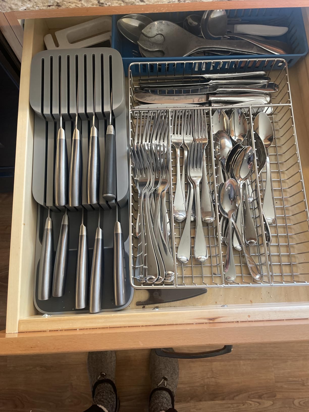 Knives organized separately in a dedicated drawer organizer