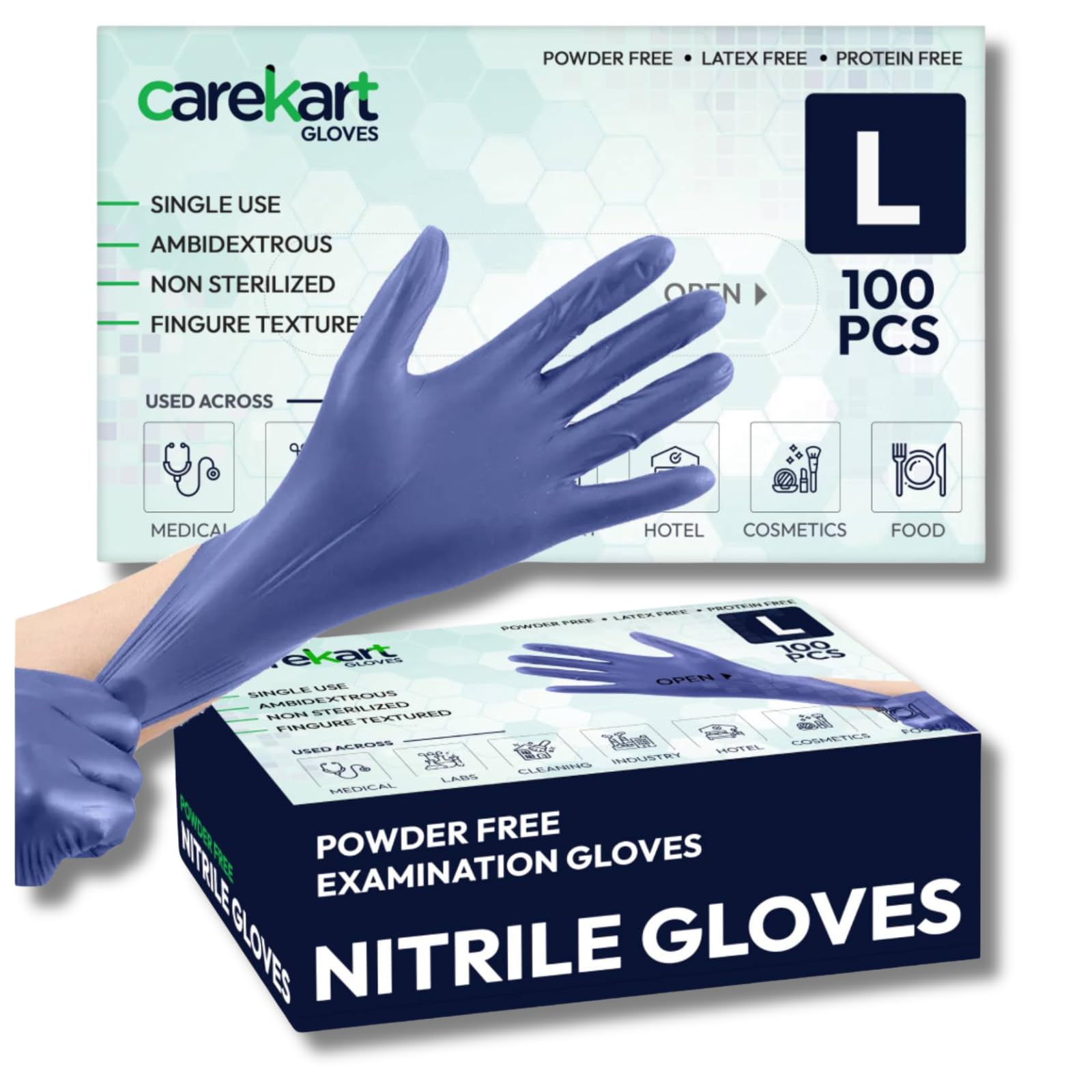 Carekart Gloves - Powder Free Nitrile Disposable Gloves | Medical Examination Gloves | Latex-Free | Food Safe Hand Gloves for Cooking - Blue, Large (100 Pieces)