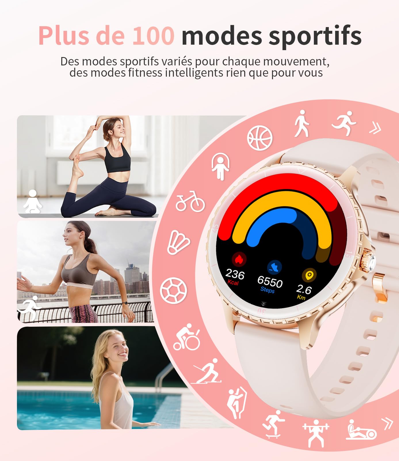 LIGE Montre connectée Femme Appels Téléphonique pour Android iOS 1,27" HD Rose Doré Acier Inoxydable Diamant Smartwatch Ronde,Fréquence Cardiaque,Moniteur de Sommeil,Podomètre,Calories,100+ Mode Sport