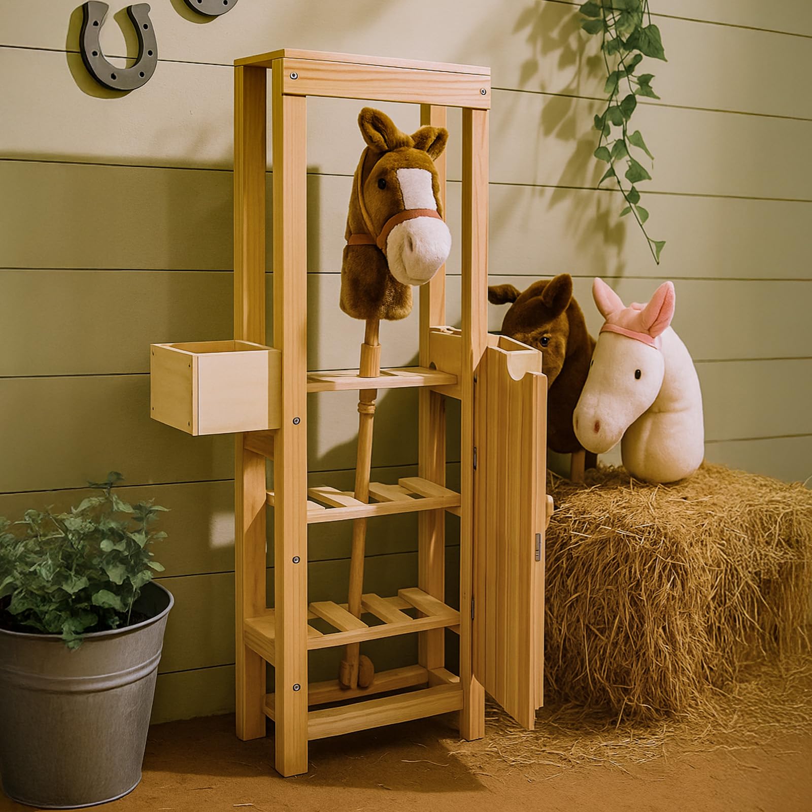 Youyijia Holzständer für Steckenpferd-Accessoires mit Seitenschale – Stall-Display