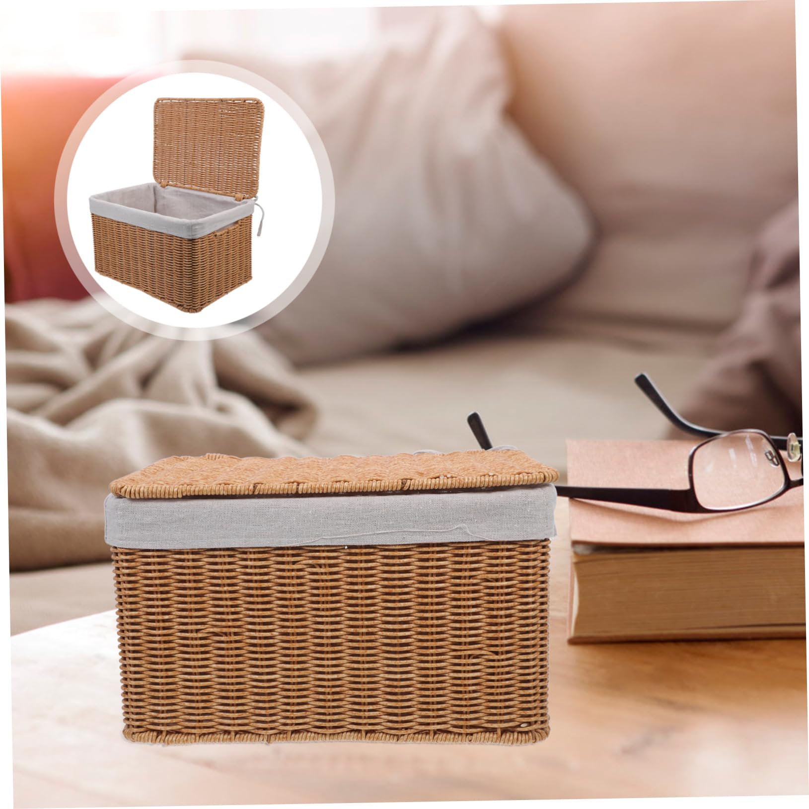 Healifty Cesta De Almacenamiento Rectangular Grande Con Tapa y Asas Dobles, Mimbre Tejido a Mano, Organizador Para Ropa, Libros y Juguetes, Adecuado Para Hogar, Cocina y Cuarto De Juegos