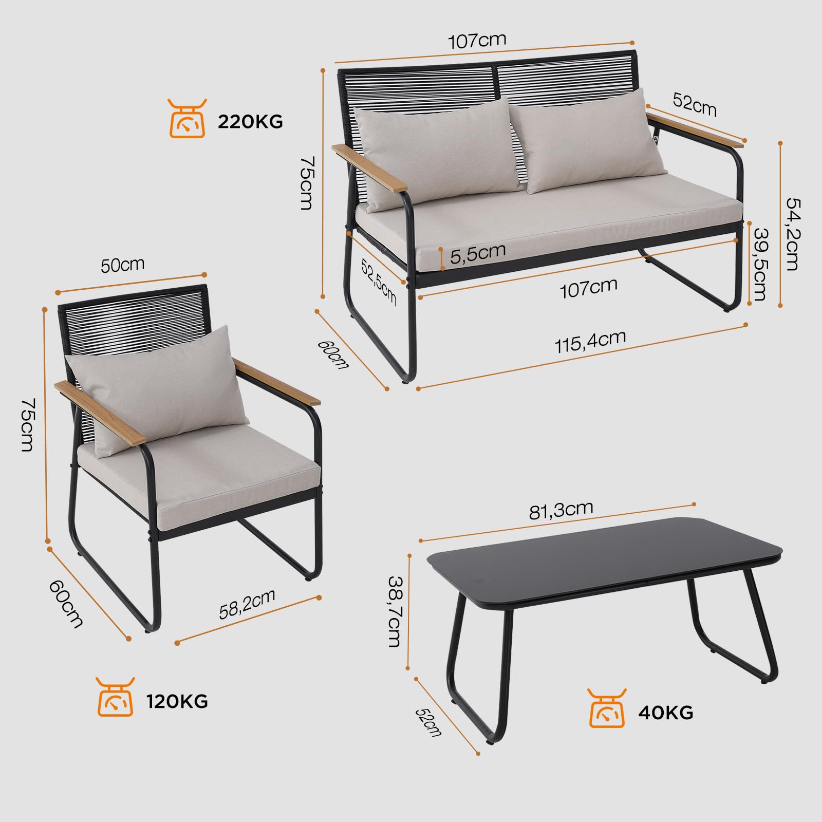 Polyrattan Gartenmöbel Set 3-4 Personen, Gartensofa Set mit Tisch & Kissen, Wetterfest & UV-beständig, Balkonmöbel Sitzgruppe für Terrasse & Garten