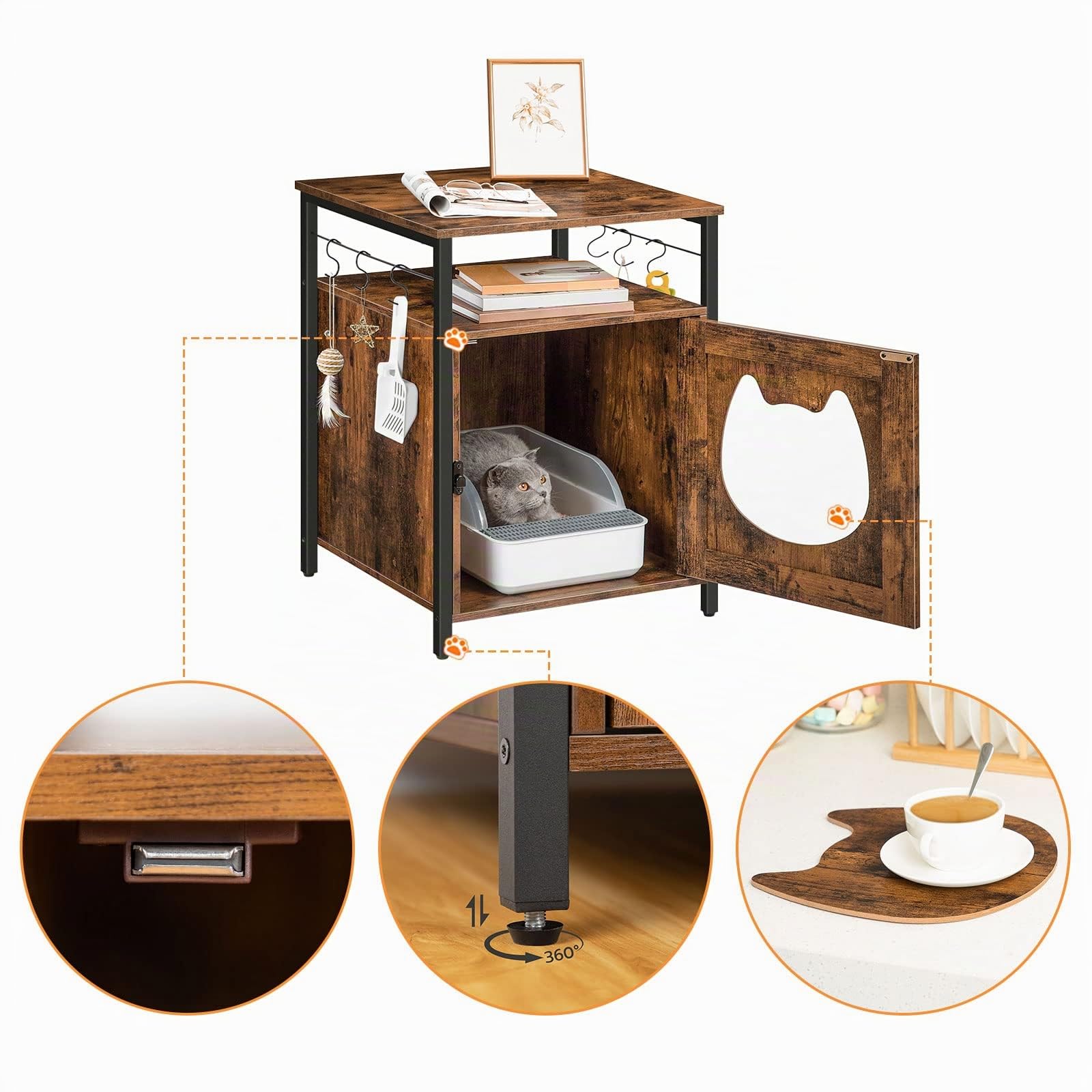 HOOBRO Katzenklo Schrank, Katzenschrank für Katzentoilette und Kleine Katzen Holz, Katzenschrank Katzenhaus mit 6 Haken, für Wohnzimmer, 50 x 50 x 66 cm, Dunkelbraun EBF05MW01