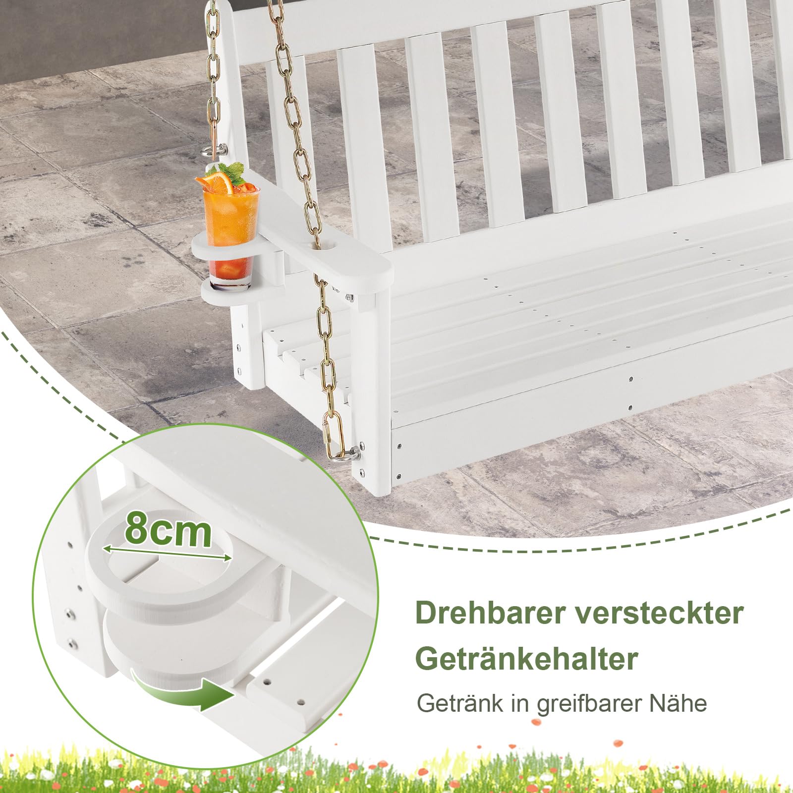 COSTWAY Hängebank aus HDPE, 2-Sitzer Gartenschaukel zum Aufhängen, bis 320 kg belastbar, Hängebank mit verstecktem Getränkehalter & verstellbaren Sicherheitsketten, für Garten, Hof, Veranda