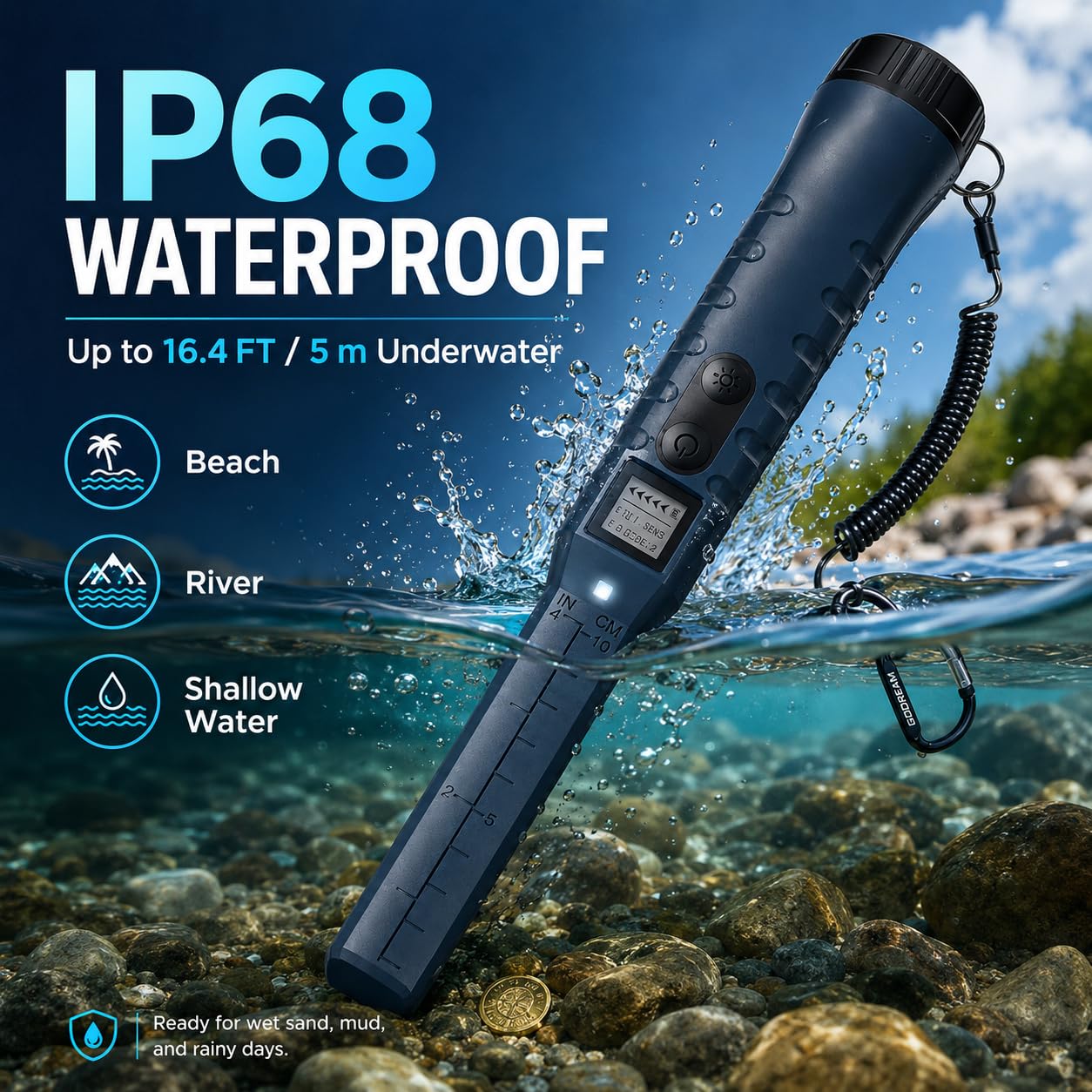 Pinpointer detector de metales para adultos, varita de puntero recargable de mano con pantalla LCD, IP68 totalmente impermeable para uso bajo el agua, alta sensibilidad de 360° y 3 modos de alerta