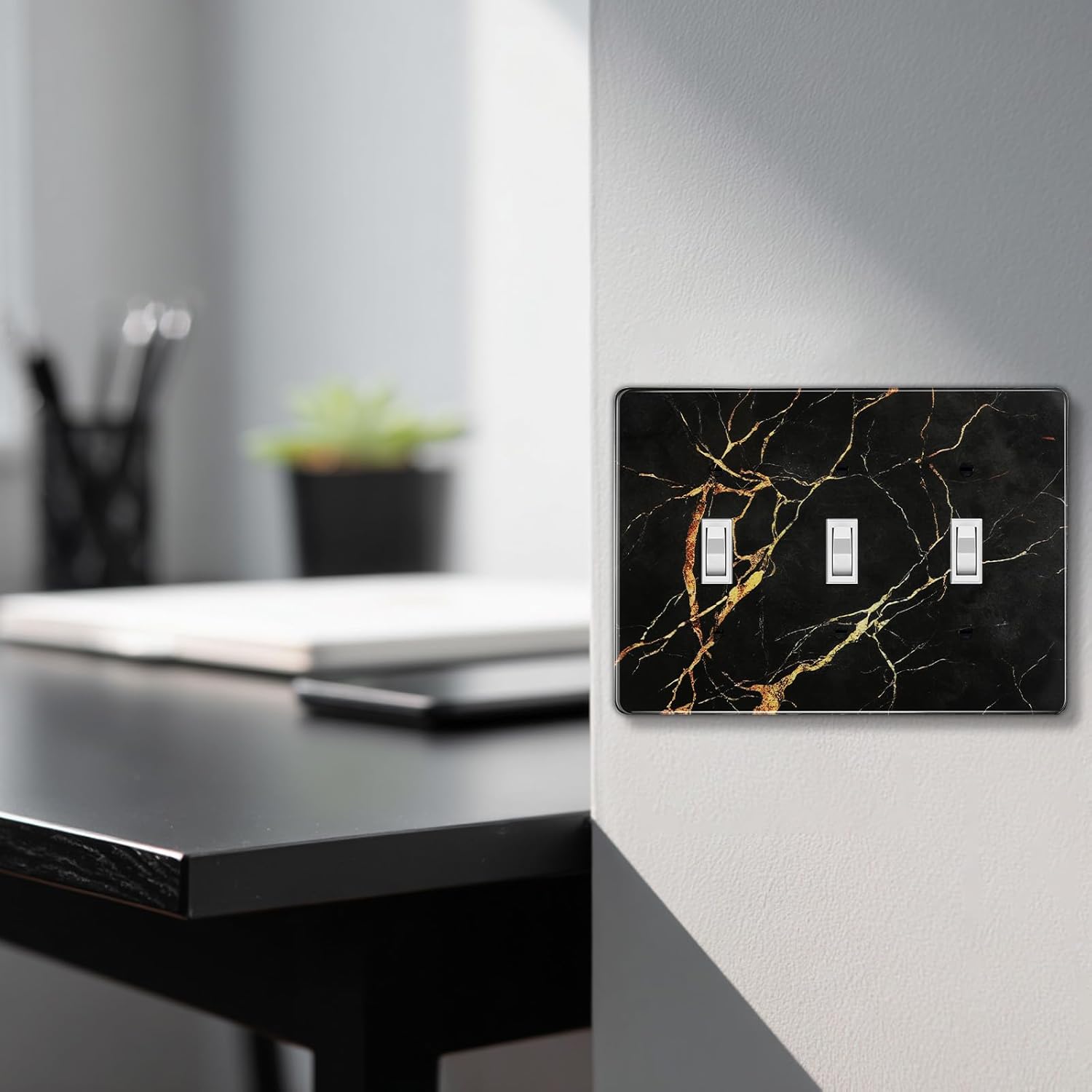 Black Gold Stone Pattern Textured Marble Light Switch Plates Wall Plates Decorative Electrical Outlet Cover Plates Acrylic Double Outlet Covers Switch Plates 3 Gang