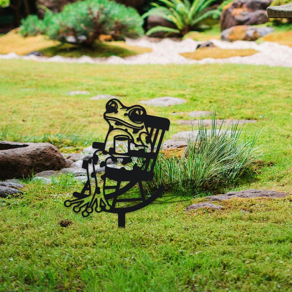 WADORN Rocking Chair Frog Silhouette Garden Stakes Decor - Image 4