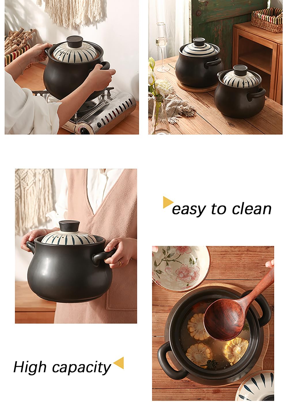 Ceramiczny garnek do duszenia, Ceramiczny czarny garnek gliniany do zapiekania z pokrywką(4.5l)