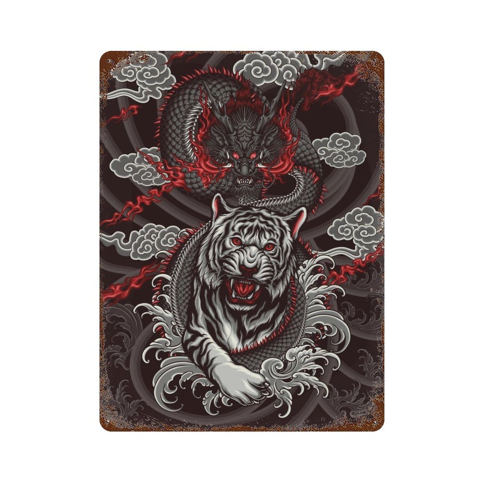 Rust Effect Tiger And Dragon Rustic Tin Plaque 15.7"x11.8", Decorative Metal Wall Art for Farmhouse, Kitchen And Entryway Decor
