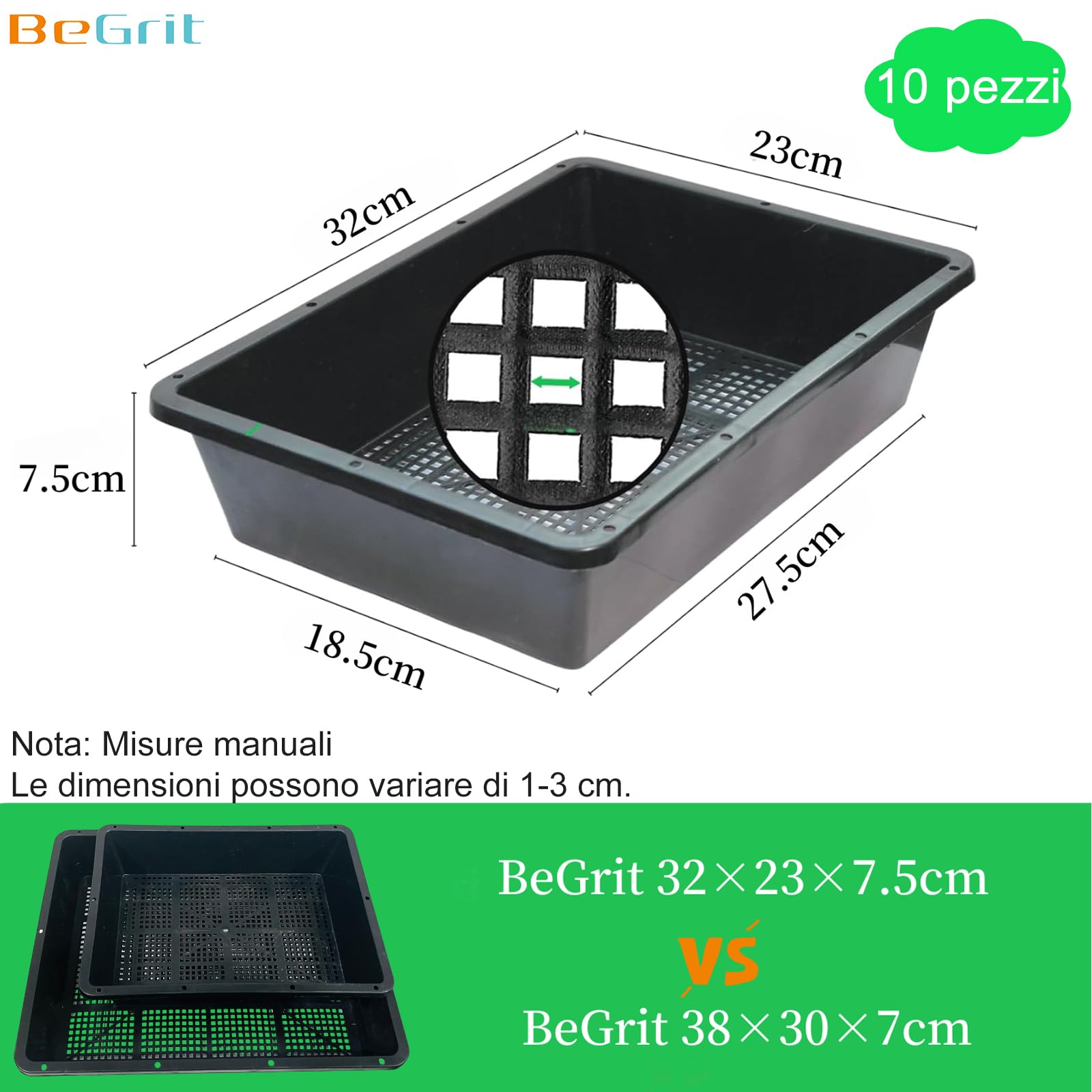 BeGrit 10 Pezzi Vassoi Semina Plastica 32 x 23 x 7.5 cm Germinazione Semina Vaschette Semenzaio vassoio per microgreens rettangolari semi in plastica per Serra Idroponica Giardino Verdura Frutta Seme