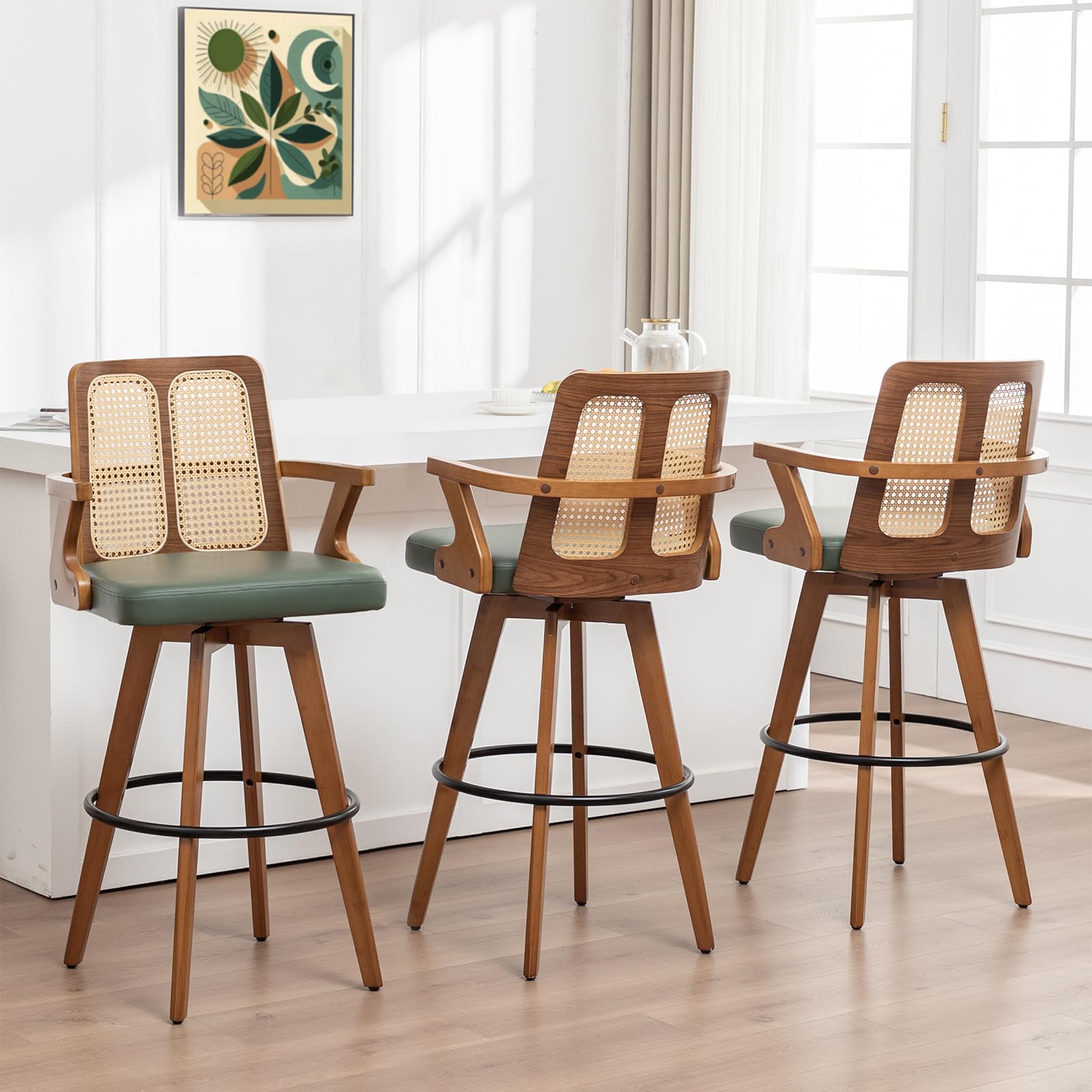 Counter Height Bar Stools Set of 3 - 26 inch Kitchen Island Stools with Rattan Back, Curved Arms, Walnut Craftsmanship,Faux Leather, Swivel CounterStools for Kitchen/Island (27" Seat Height, Green)