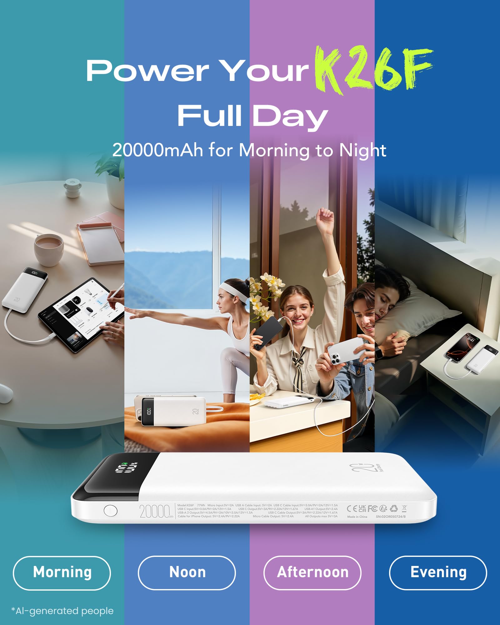 Orfeika Power Bank da 20000 mAh, ricarica rapida, caricabatterie portatile con 4 cavi integrati e 6 uscite, batteria PD USB C da 20 W per iPhone 16/15/14/13/12, Galaxy, Android, iPad e altro