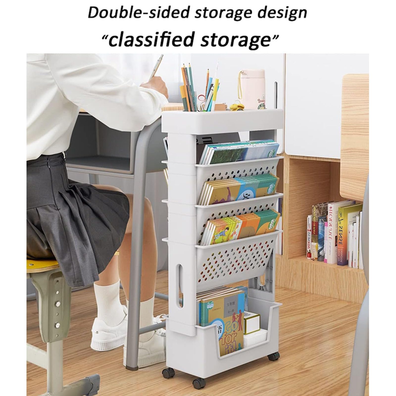 Estantería Móvil para Niños, Estante De Almacenamiento para Carrito Estante De Pie para Estantería Escritorio De Oficina Organizador De Archivos Giratoria Extraíble Material Plástico