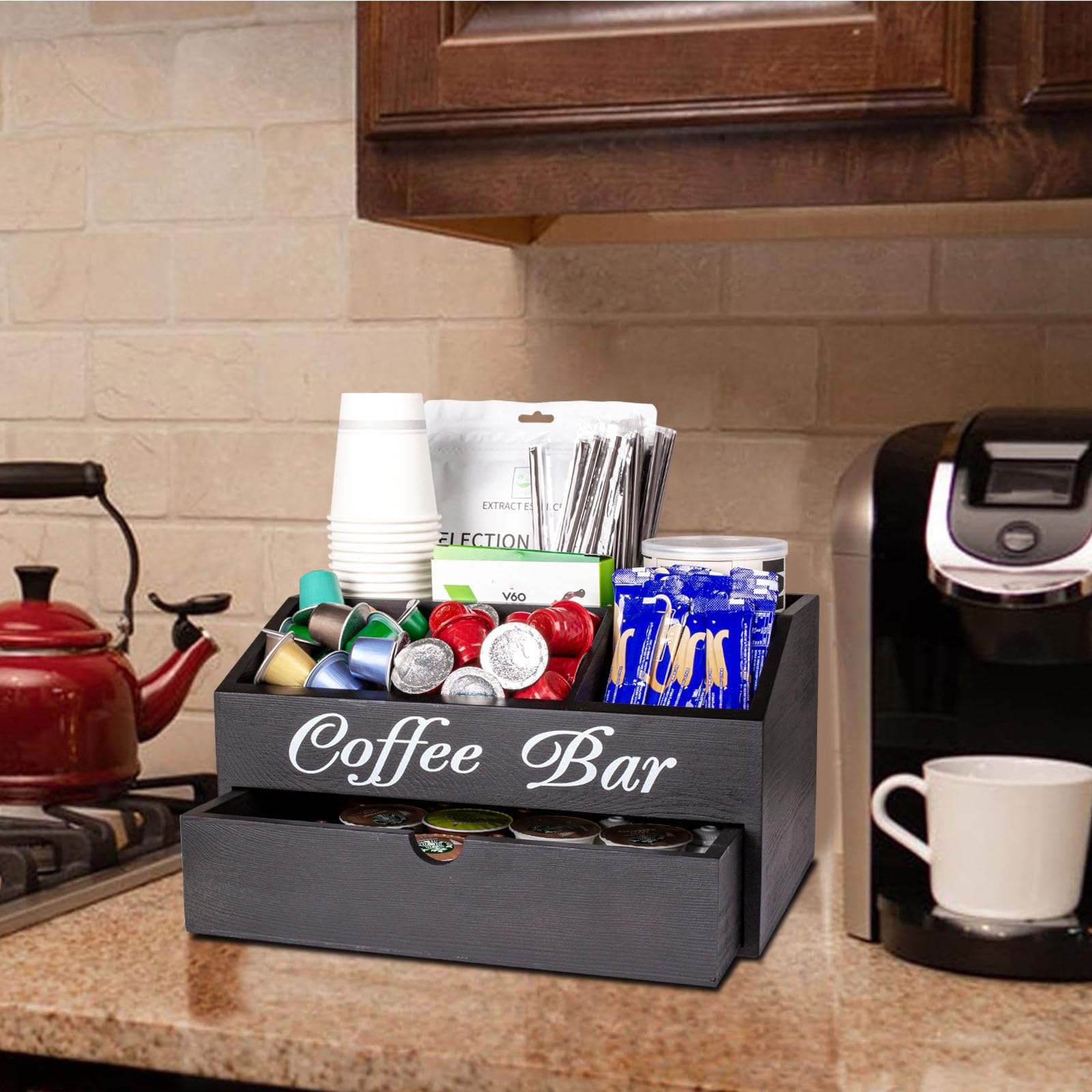 Porta Cialde Caffe Porta Capsule Caffe,Portacialde da Caffè | Porta Tisane in Pineta con 1 Cassetto per Organizzare Capsule, Cialde,Tisane,Zucchero,Cannucce,Bicchierini da Caffè (Nero)