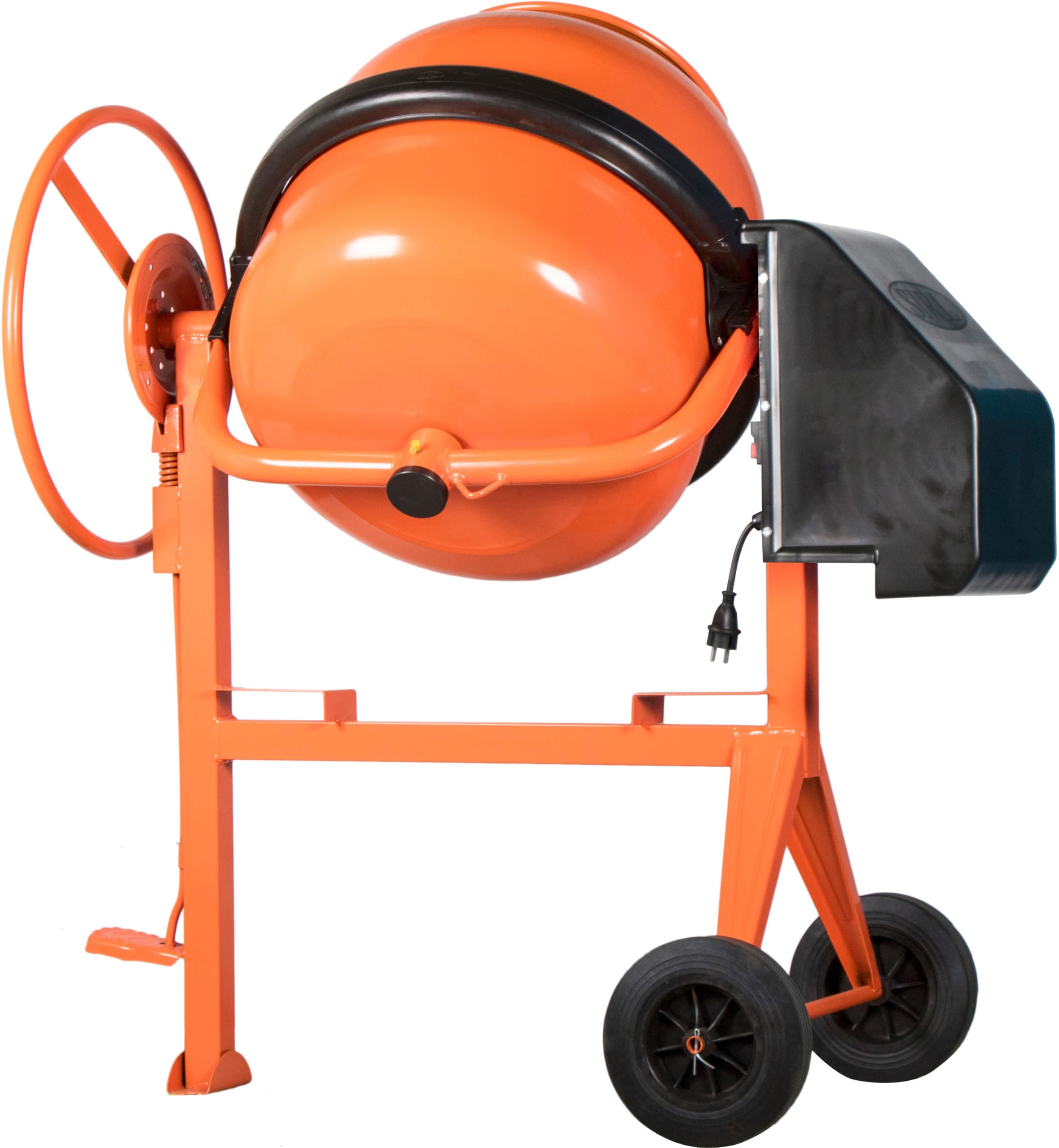 PRO160TD Profi Betonmischer 230V Mischmaschine Beton Mörtel Zementmischer (150 Liter Trommelvolumen, 850 Watt Motorleistung, Zahnkranz aus Gusseisen, Zahnkranzschutz, IP45, Fußbremse) orange
