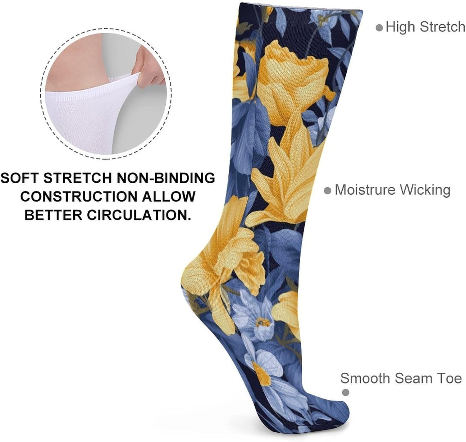 Blue Base Yellow Floral Crew Socks Soft Thermal Socks | Socks for Men Women-Casual Wicking,High Stocking for Sports Running-Long Thin Tube Sports Breathable