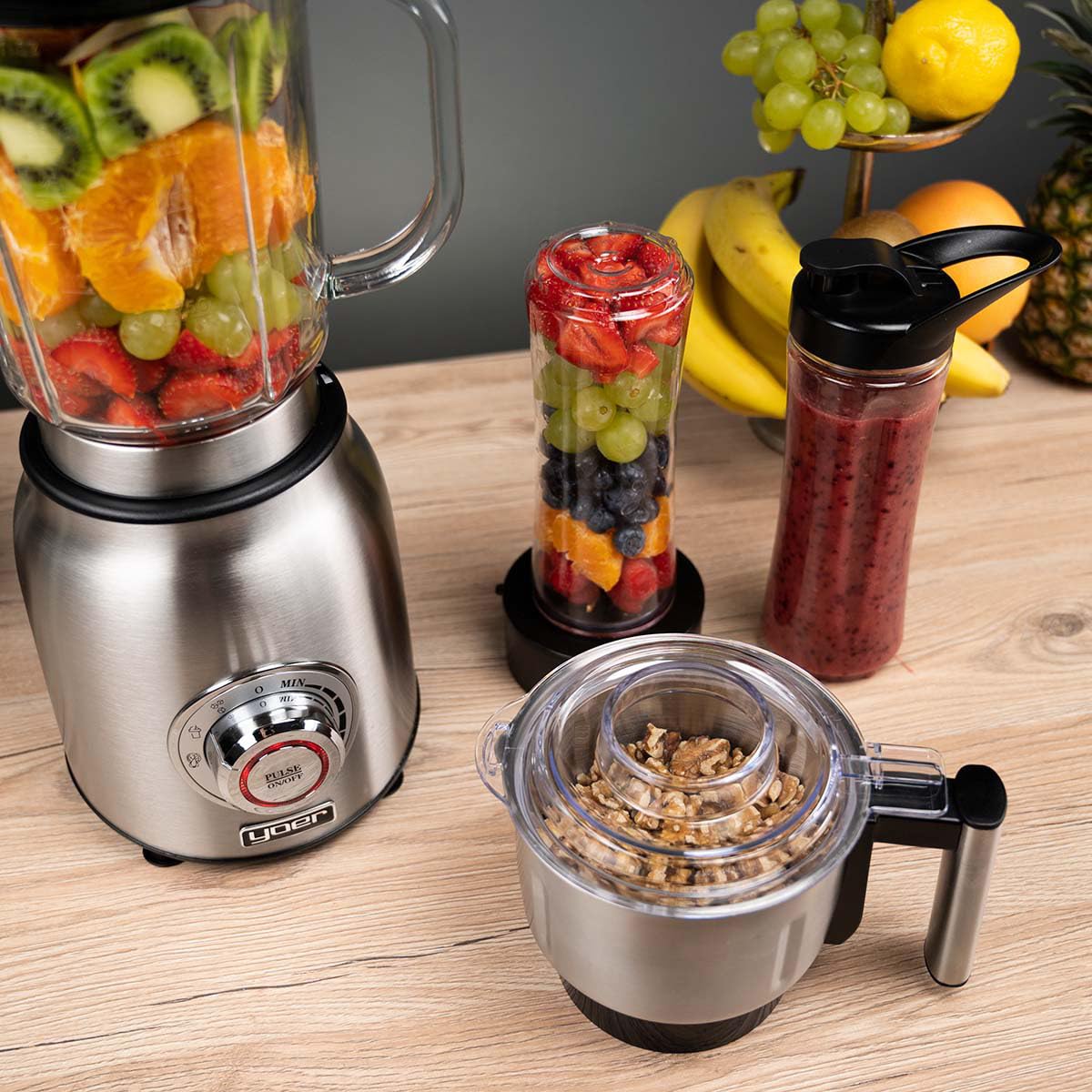 Yoer Titano JB03S, Blender Kielichowy 4w1, młynek do kawy i ziół, mikser do przyrządzania smoothie i koktajli, tytanowe ostrza, wielofunkcyjny, stołowy, stojący, srebrny