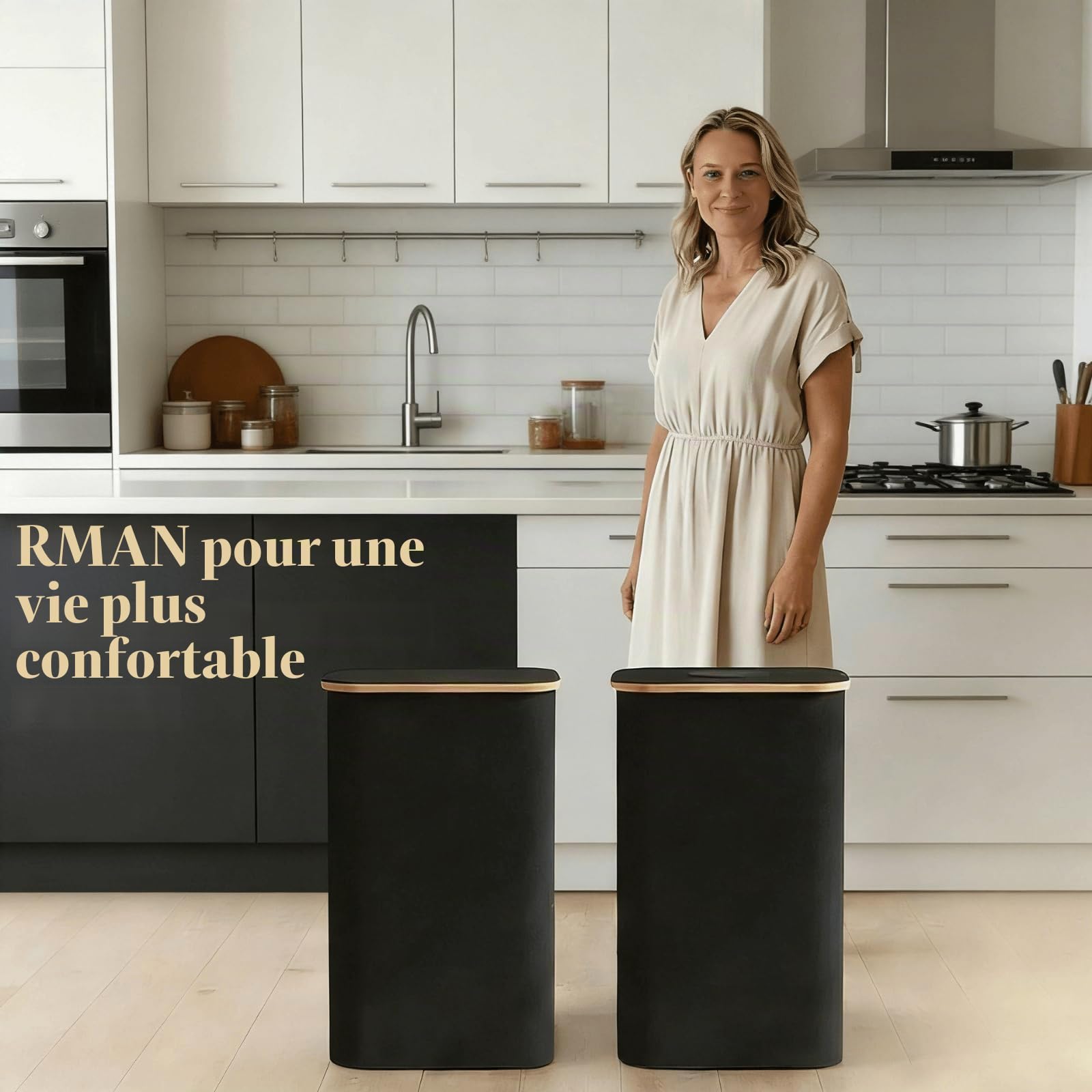 RMAN® 2 × 100L Support sac poubelle avec couvercle - poubelle tri selectif - conception à ouverture arrière - avec 10 pcs 90L sac poubelle jaune pour maison et cuisine, extra robuste et stable