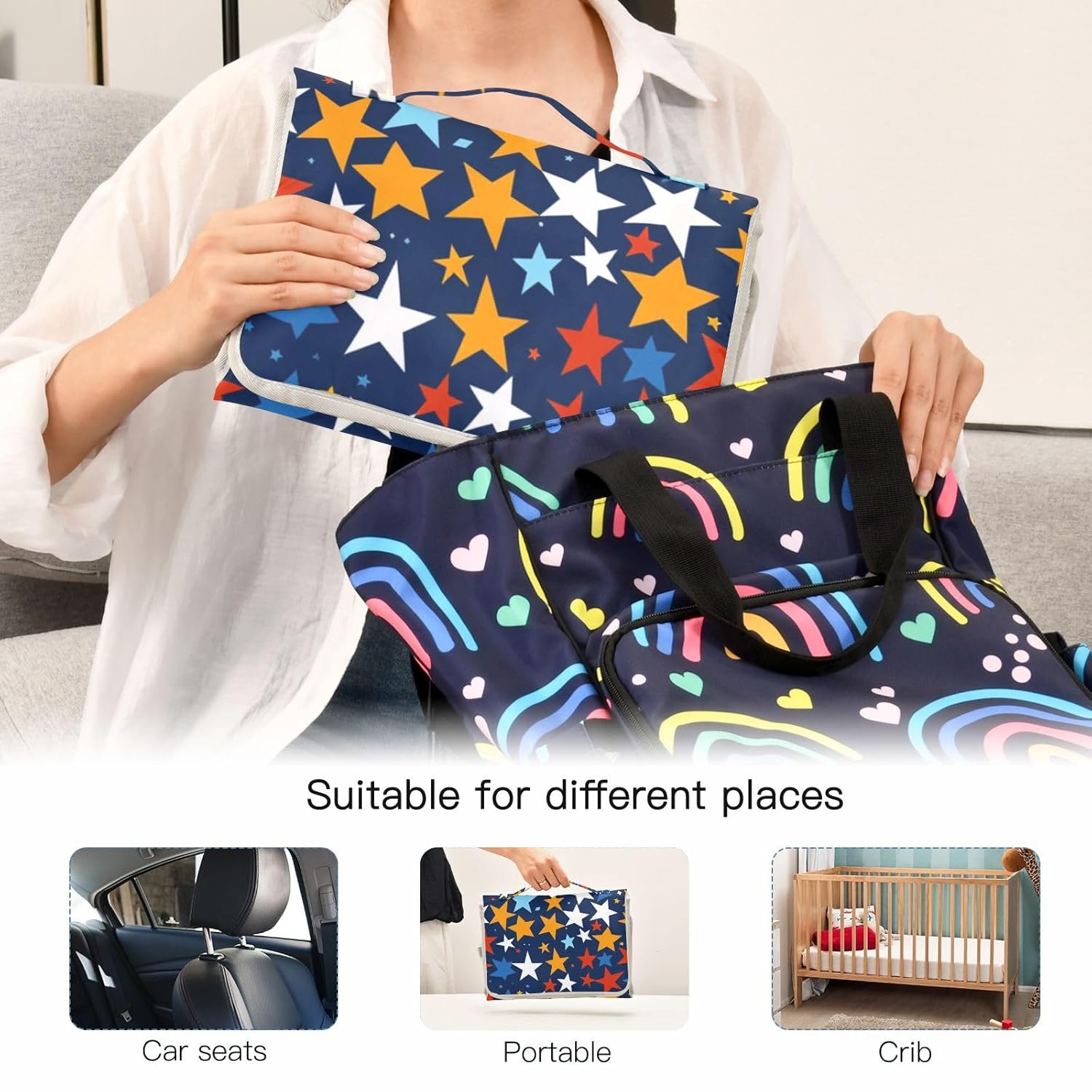 Colorful Stars Navy Blue Reusable Baby Changing Pads with Tissue Pocket Baby Portable Changing pad Lightweight & Foldable Changing Station cambiadores de pa?ales para Bebes