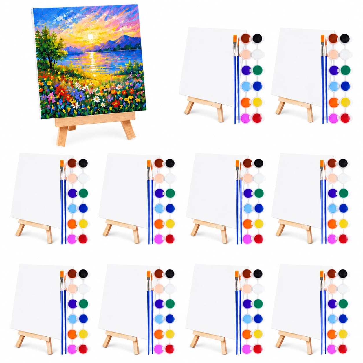 10 Set Mini Acrylic Paint Kit, 5.9 x 5.9 inch Canvas Boards with Easel for Painting, 12 Color Acrylic Paint Strips, Paint Brushes, Small Canvas and Easel Set for Kids Classroom Painting Party Favor