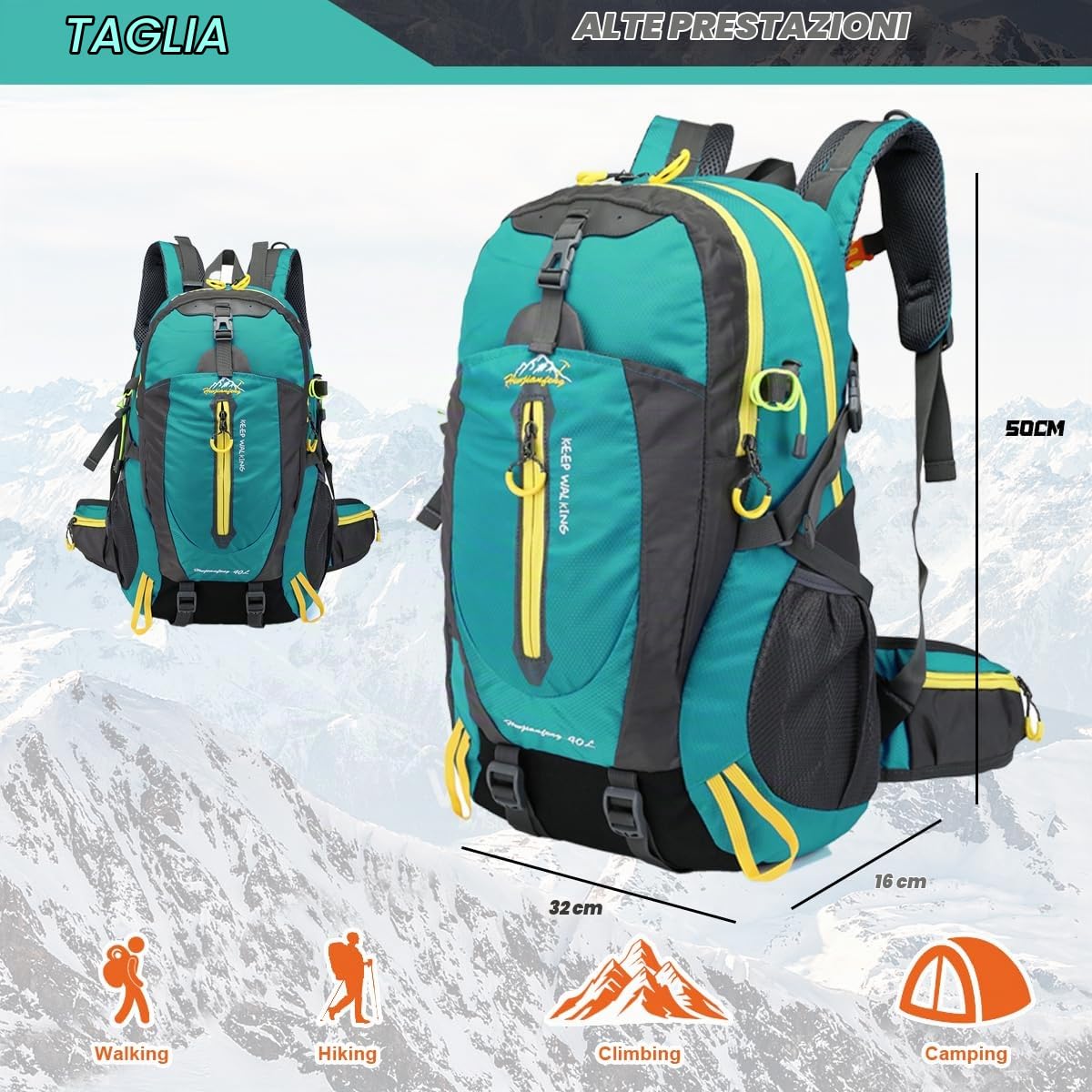 Zaino Trekking 40 Litri,Zaino Montagna Donna Uomo Impermeable con Spalliere Regolabili per Trekking,Campeggio,Alpinismo